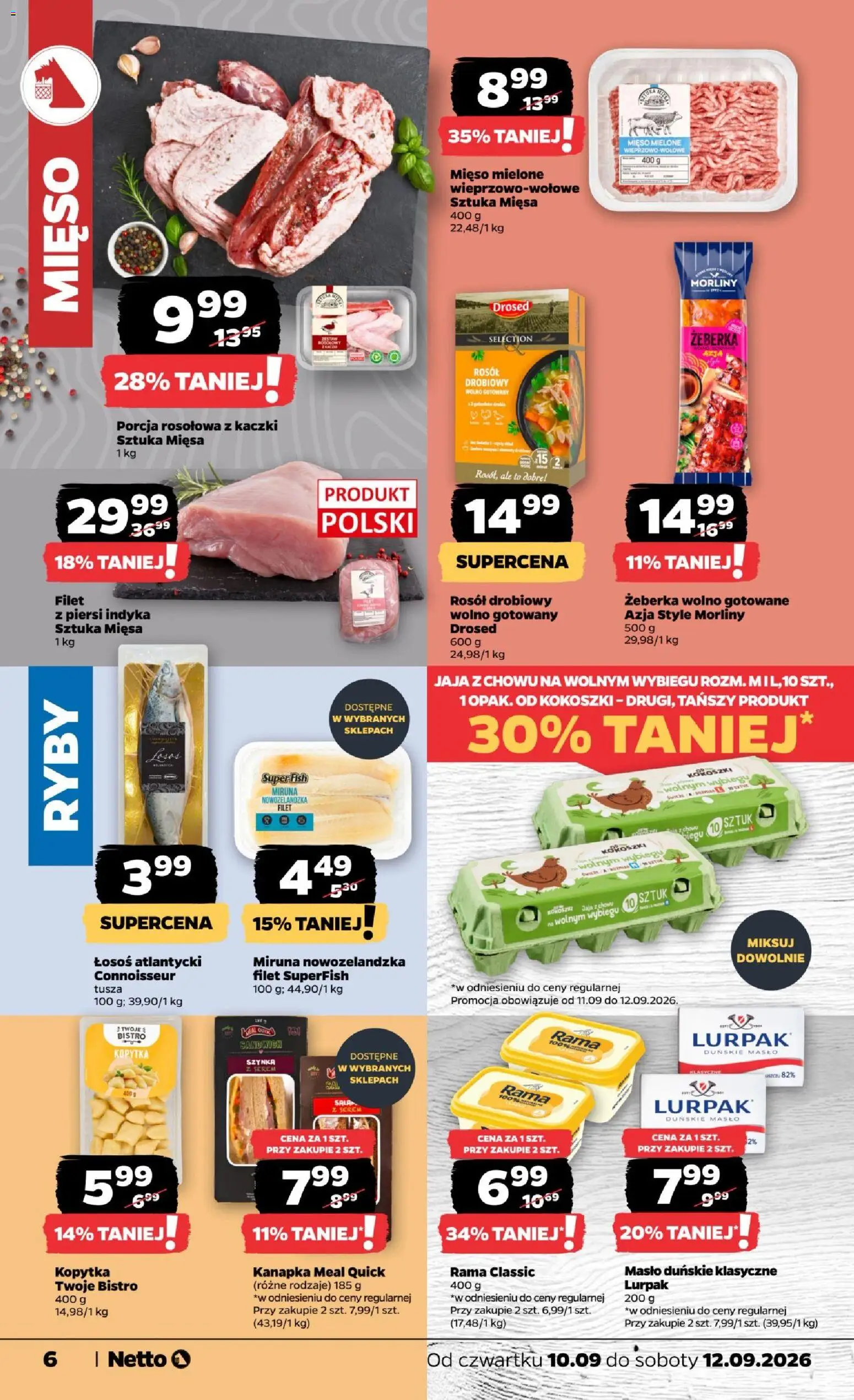 Netto gazetka od czwartku od 10.09.2026 | Strona: 6 | Produkty: Porcja rosołowa, Piersi, Sandwich, Łosoś