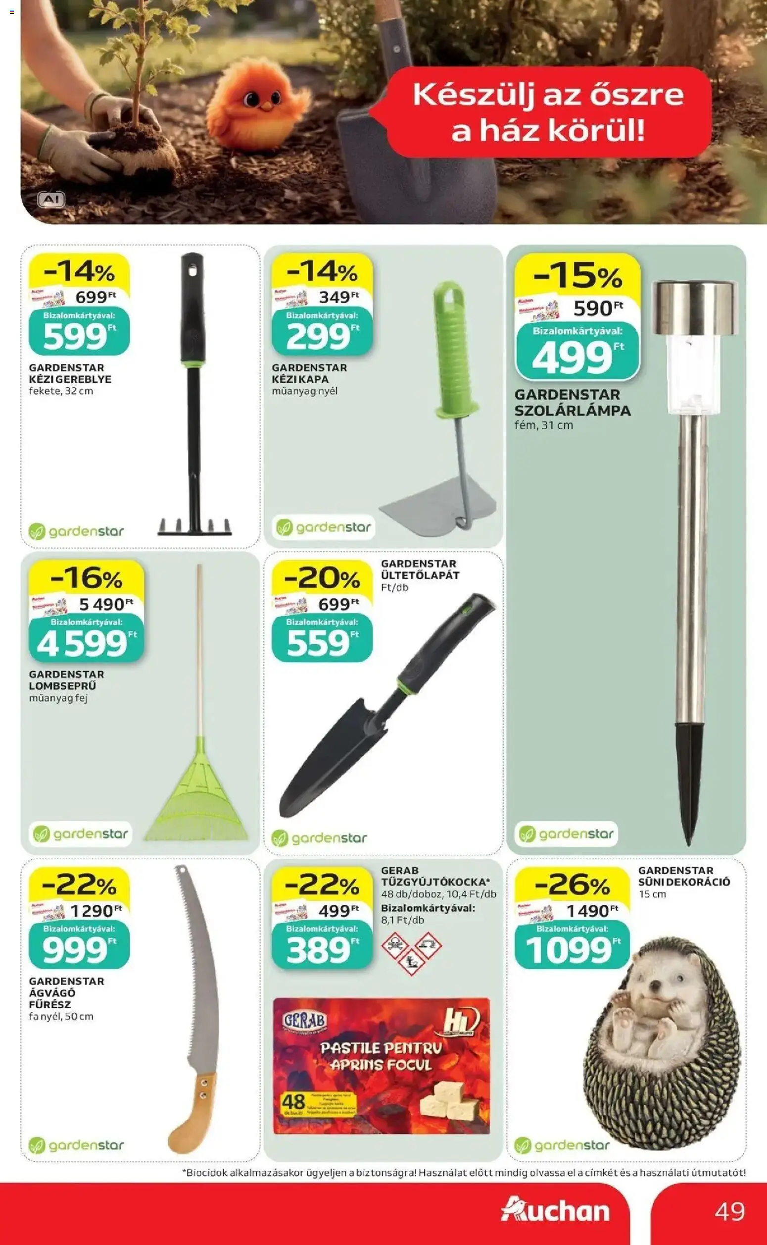 Auchan akciós újság Szolnok - 2026.09.17. -tól/töl > akció, lapozható szórólap 🛍️ | Oldal: 49 | Termékek: FA, Szolárlámpa, Ágvágó, Dekoráció