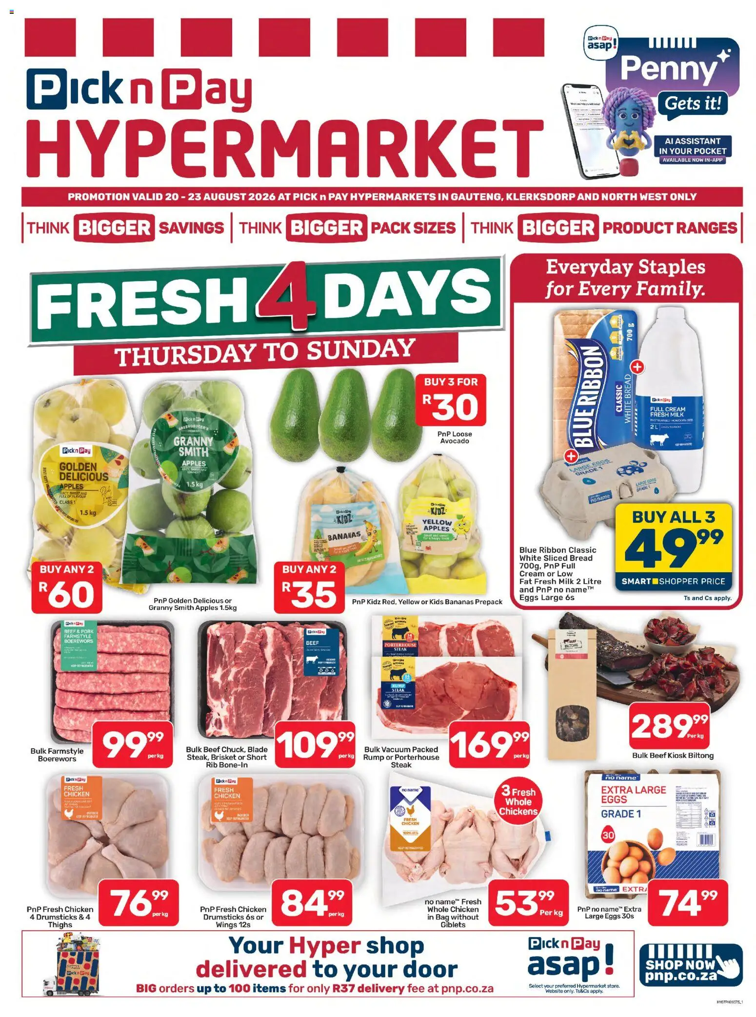 New Pick n Pay catalogue – valid from 20/08/2026 | Page: 1 | Products: Bag, Steak, Boerewors, Milk