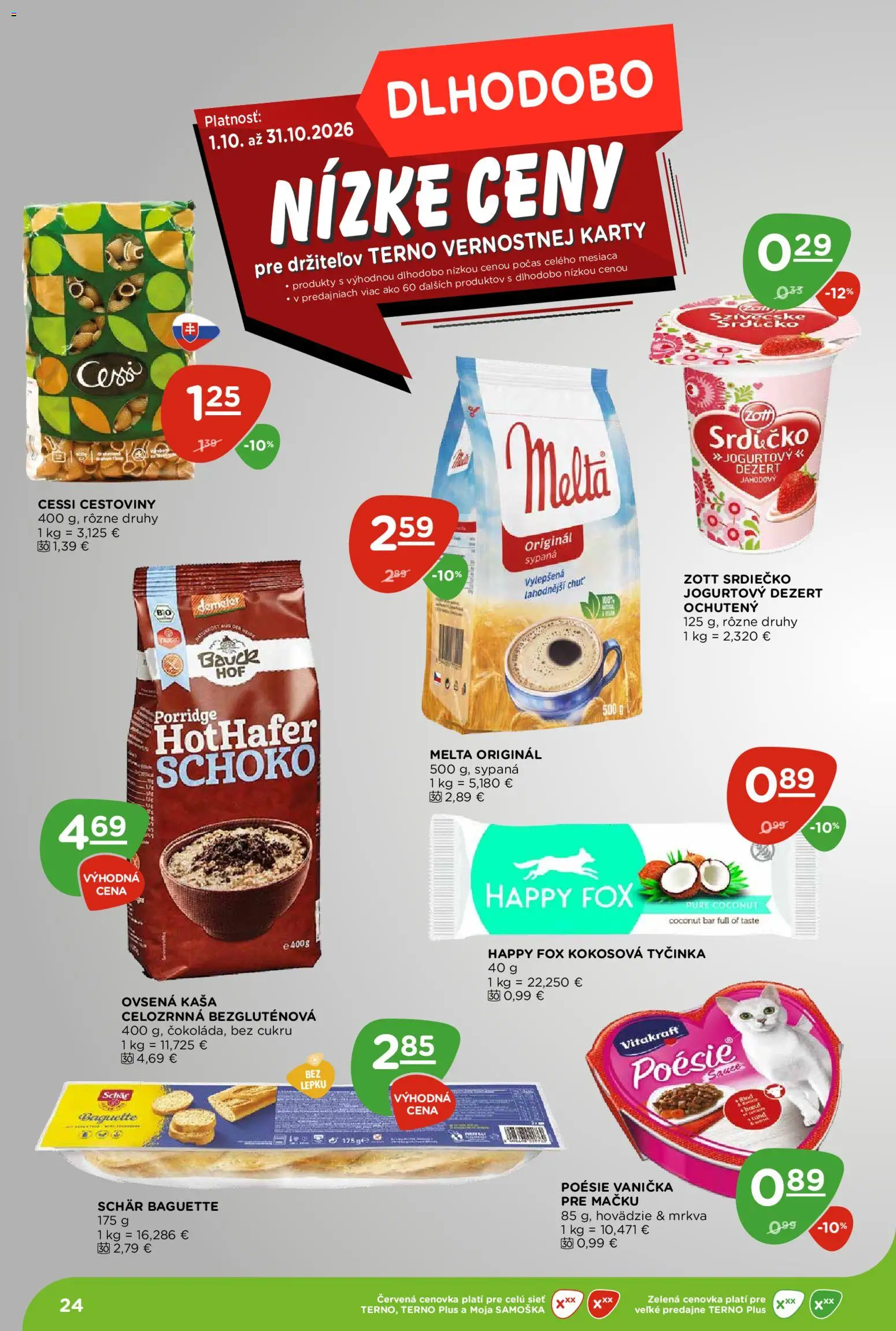 Nové Terno akcie – leták je platný od 08.10.2026 | Strana: 24 | Produkty: Cestoviny, Mrkva, Dezert, Kaša