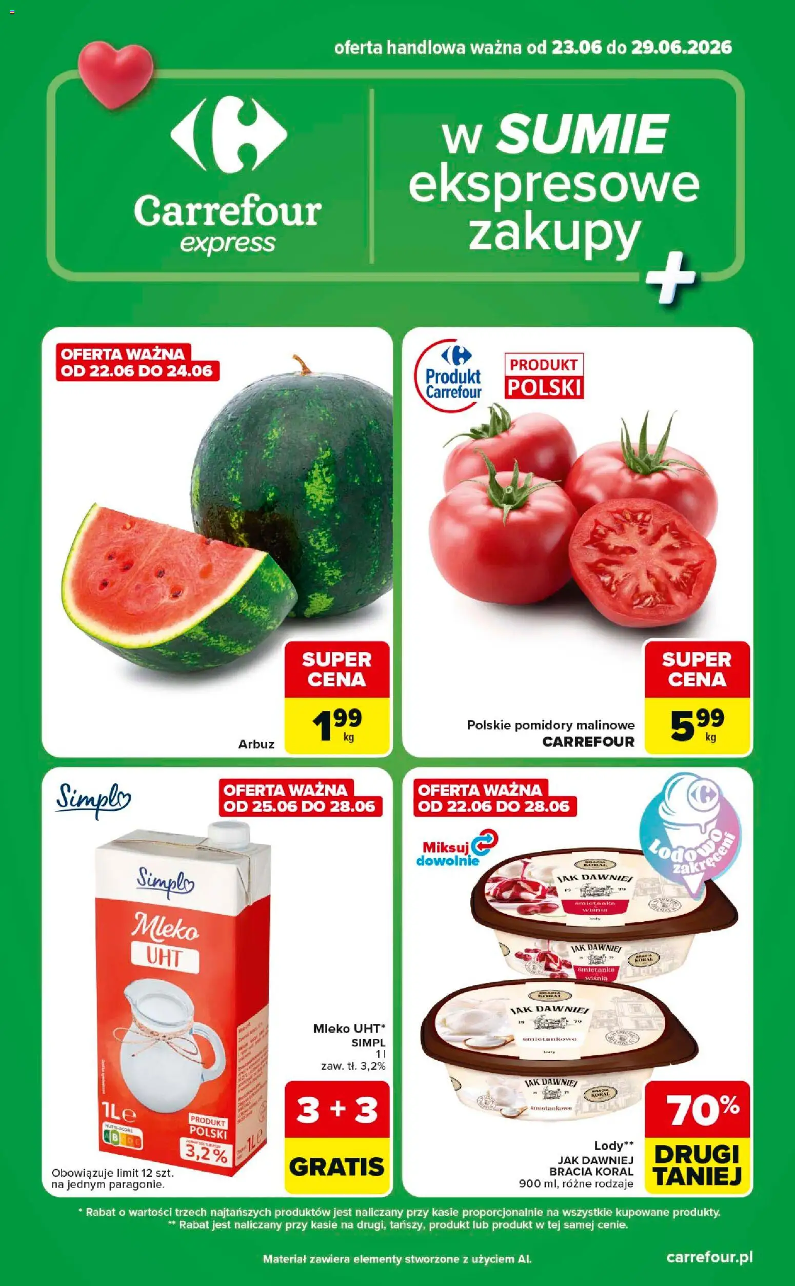 Carrefour gazetka - Express od 23.06.2026 | Strona: 1 | Produkty: Arbuz, Pomidory malinowe, Pomidory, Lody