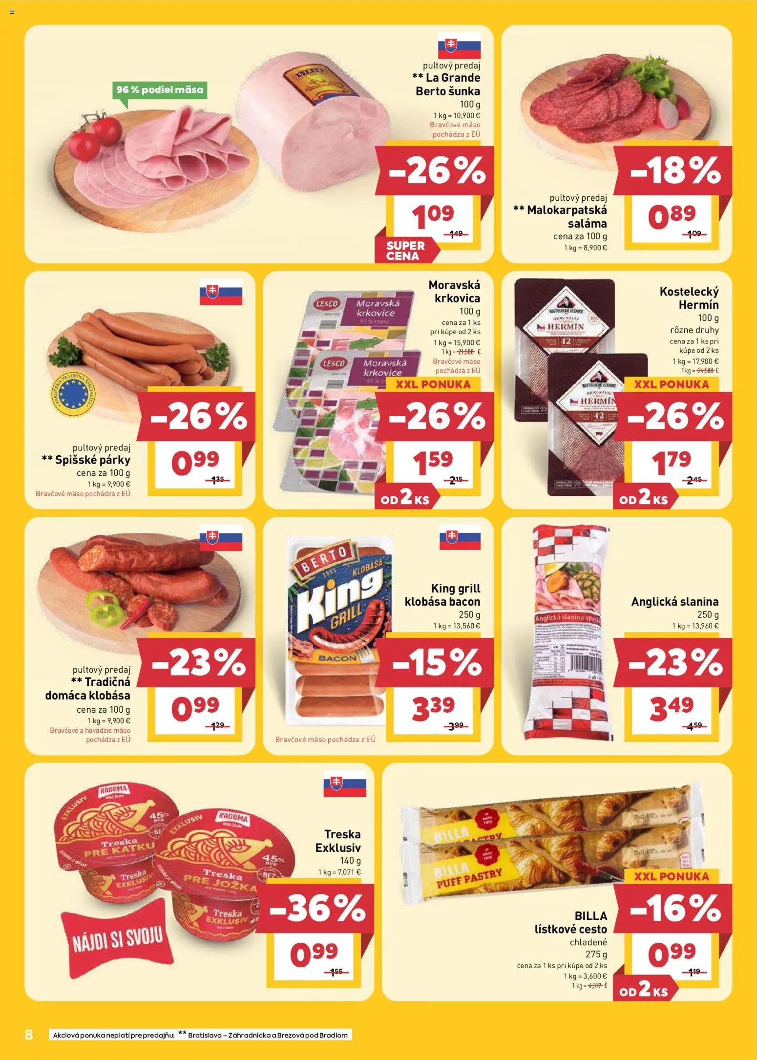 Nové Billa akcie – leták je platný od 17.06.2026 | Strana: 8 | Produkty: Saláma, Slanina, Lístkové cesto, Párky