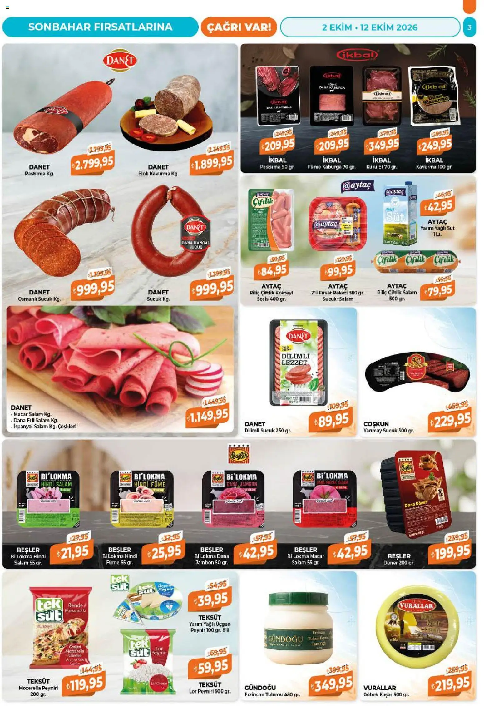Çağrı Market - Güncel Katalog - 02 Ekim 2026 tarihinden itibaren geçerlidir | Sayfa: 3 | Ürünler: Peynir, Et, Hindi füme, Sucuk