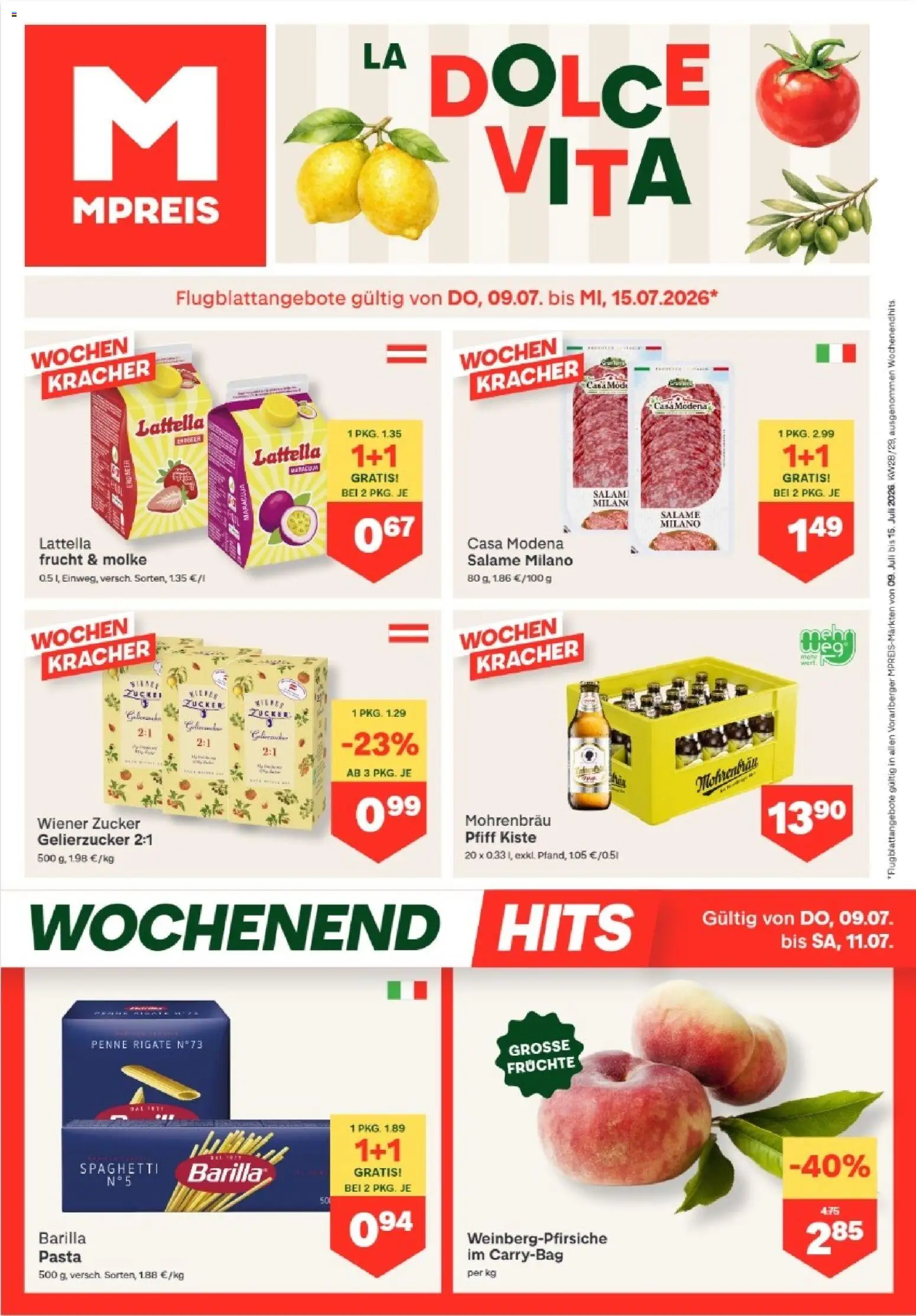 MPREIS Hohenems gültig ab 09.07.2026 | Seite: 1 | Produkte: Pasta, Zucker, Hajdina liszt, Salami