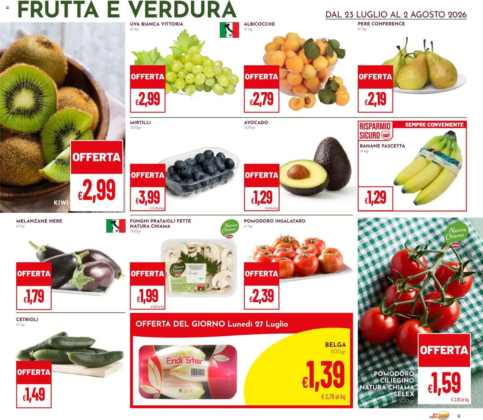 Volantino Pan del 23/07/2026 | Pagina: 9 | Prodotti: Banane, Frutta, Mirtilli, Melanzane