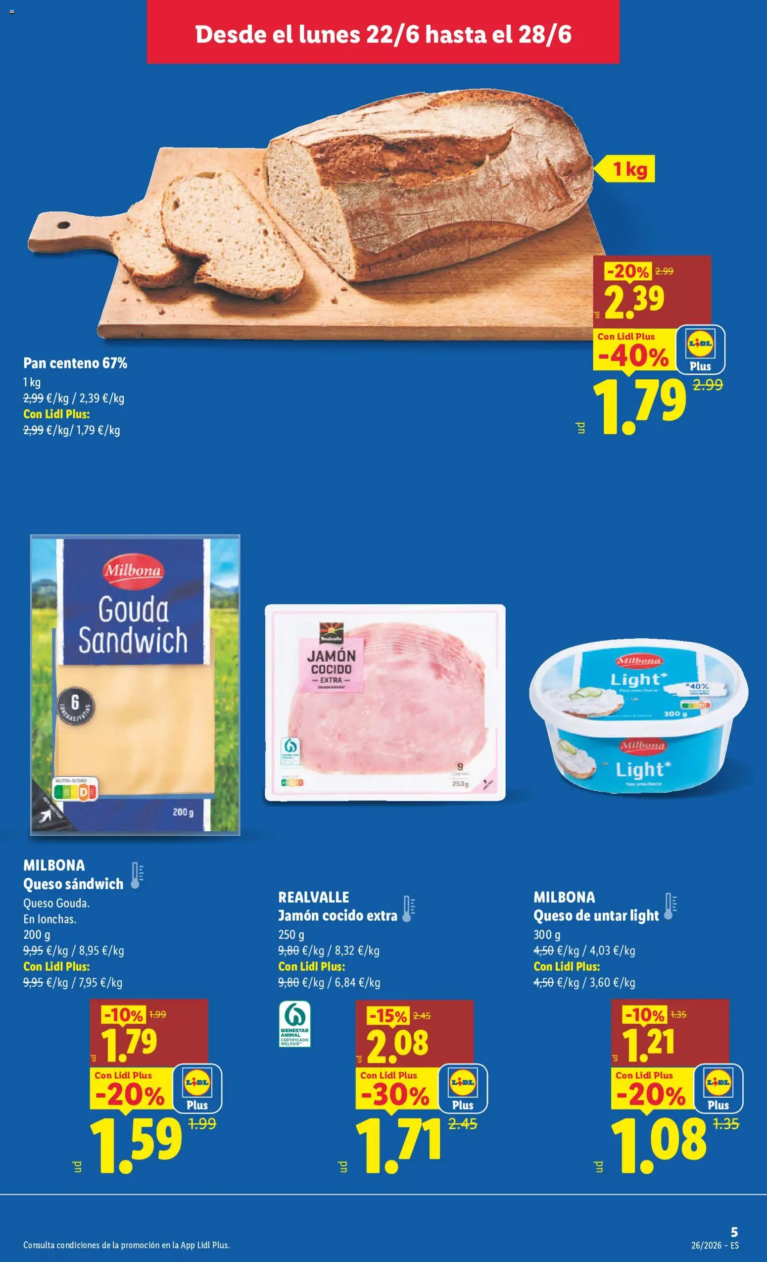Lidl folleto │ válido desde el 22.06.2026 | Página: 5 | Productos: Queso, Pan, Jamón, Jamón cocido