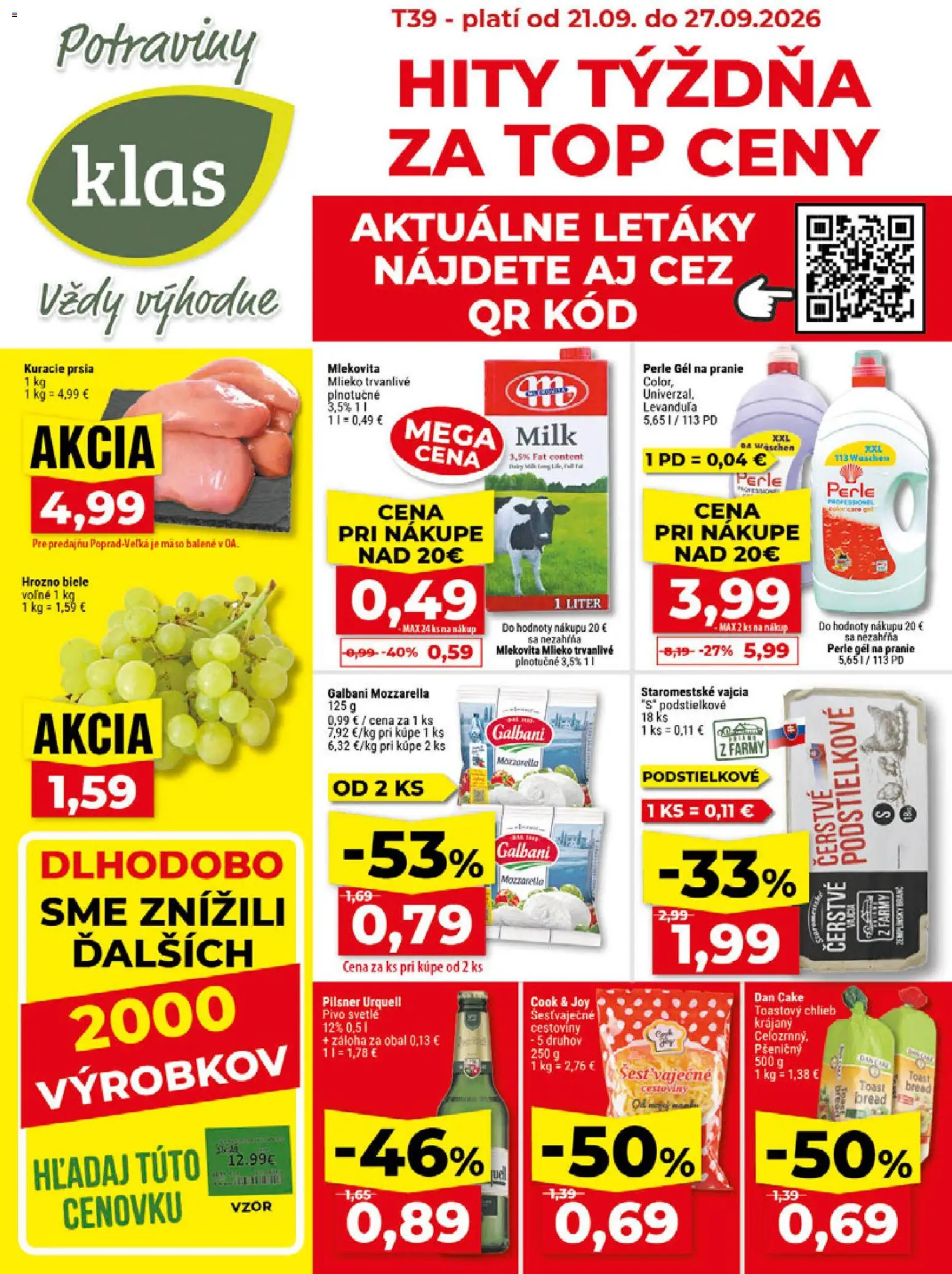 Nové Klas akcie – leták je platný od 21.09.2026 | Strana: 1 | Produkty: Cestoviny, Mozzarella, Gél na pranie, Kuracie prsia