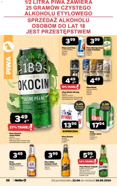 Pogląd oferty "Netto gazetka od poniedziałku spożywcza" - ważna od 22.06.2026 | Strona: 26 | Produkty: Piwo Warka, Piwo Staropramen, Piwo, Piwo kozel