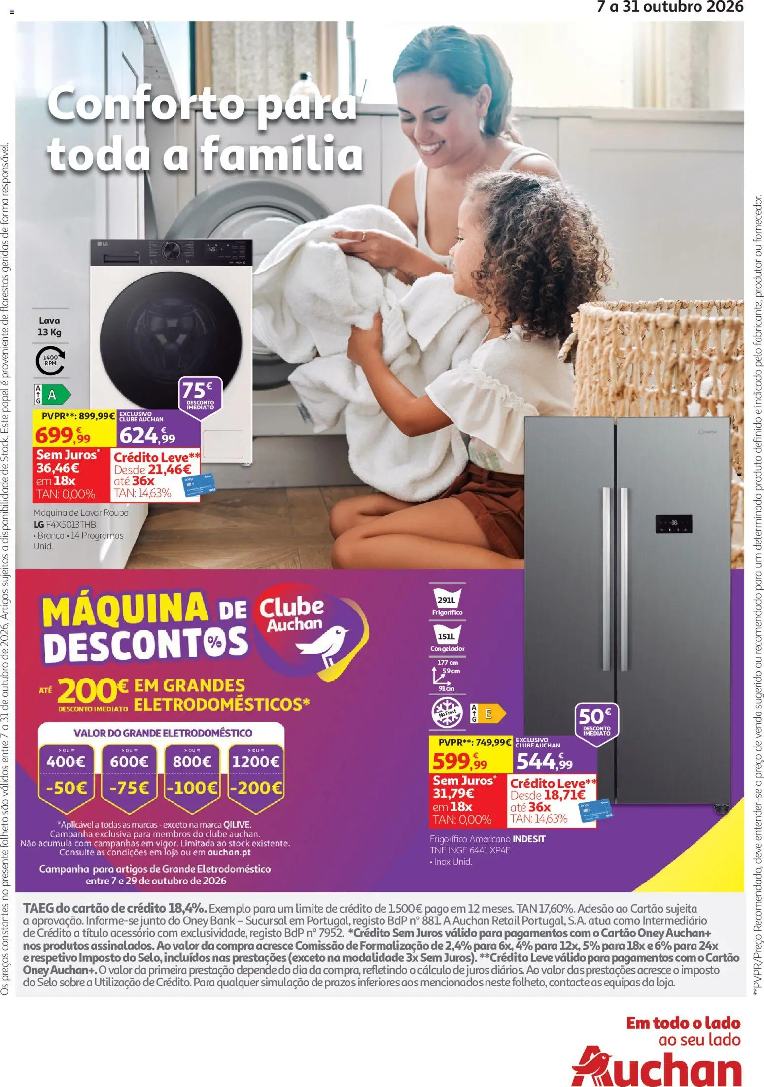 Auchan folheto Conforto para toda a família │ válido de 07/10/2026 | Página: 1 | Produtos: Frigorífico, Congelador, Máquina de lavar, Máquina de lavar roupa
