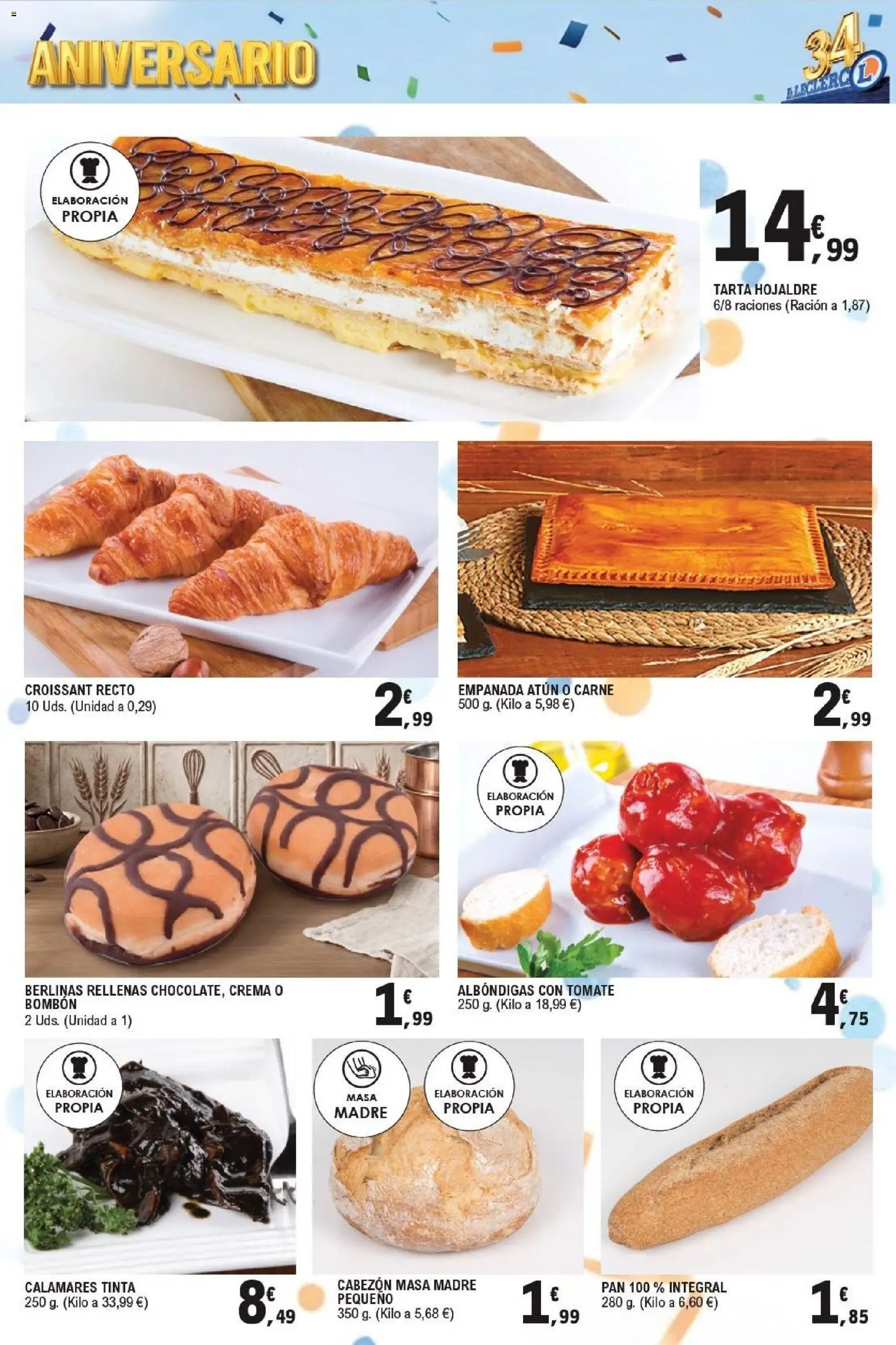 E.Leclerc Aniversario │ válido desde el 29/07/2026 | Página: 19 | Productos: Calamares, Pan, Croissant, Crema