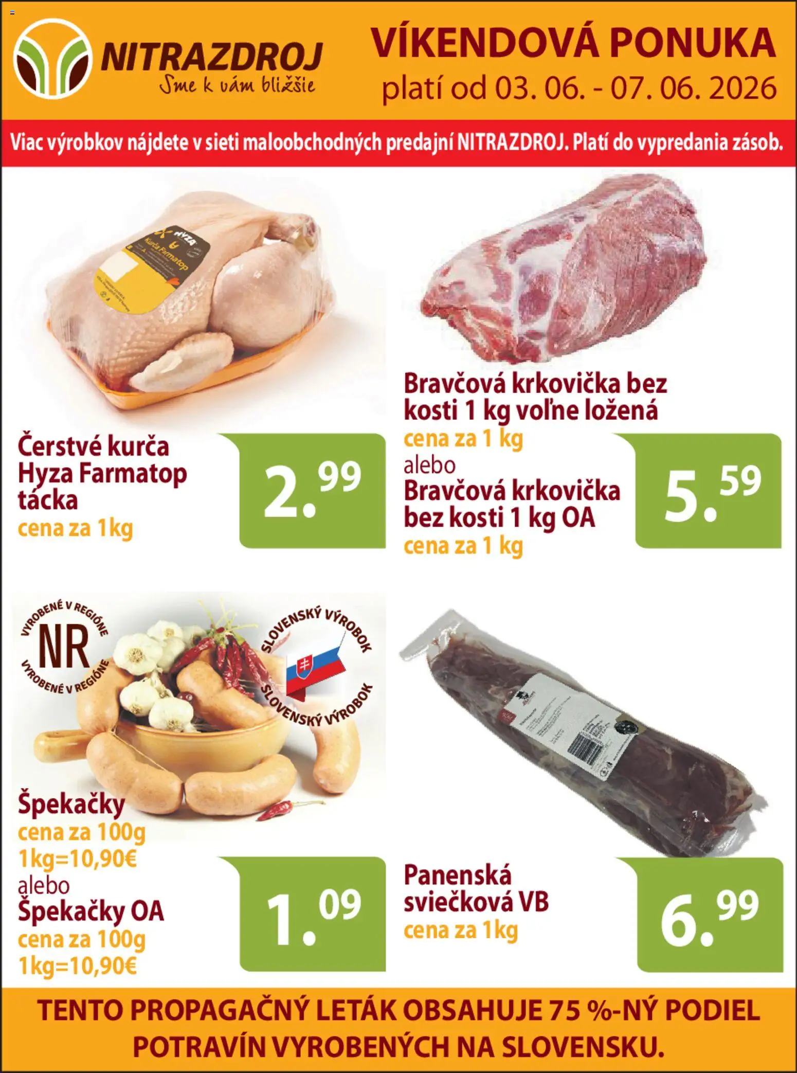 Nové Nitrazdroj akcie – leták je platný od 03.06.2026 | Strana: 1 | Produkty: Bravčová krkovička, Krkovička, Kurča