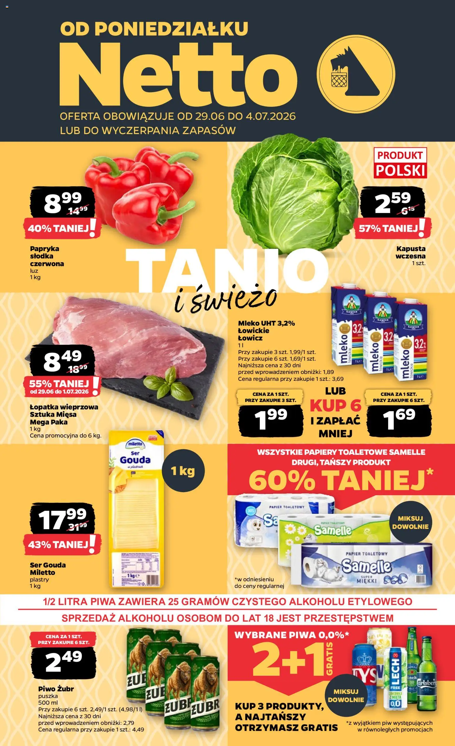 Netto gazetka od poniedziałku spożywcza od 29.06.2026 | Strona: 1 | Produkty: Kapusta, Papier toaletowy, Łopatka wieprzowa, Ser
