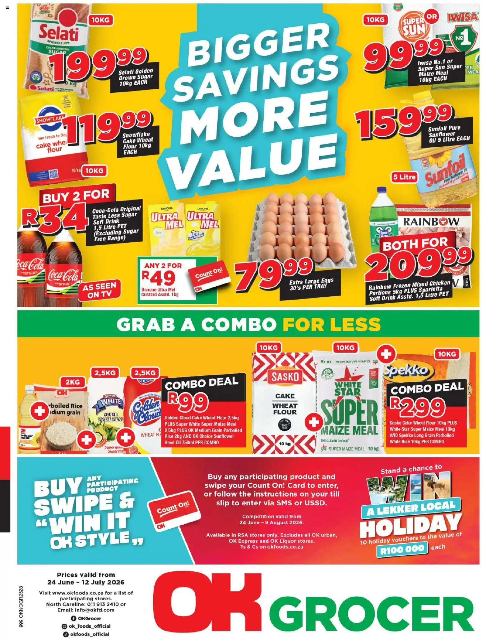 New OK Foods catalogue – valid from 24/06/2026 | Page: 1 | Products: Cake, Maize meal, Oil, Rice