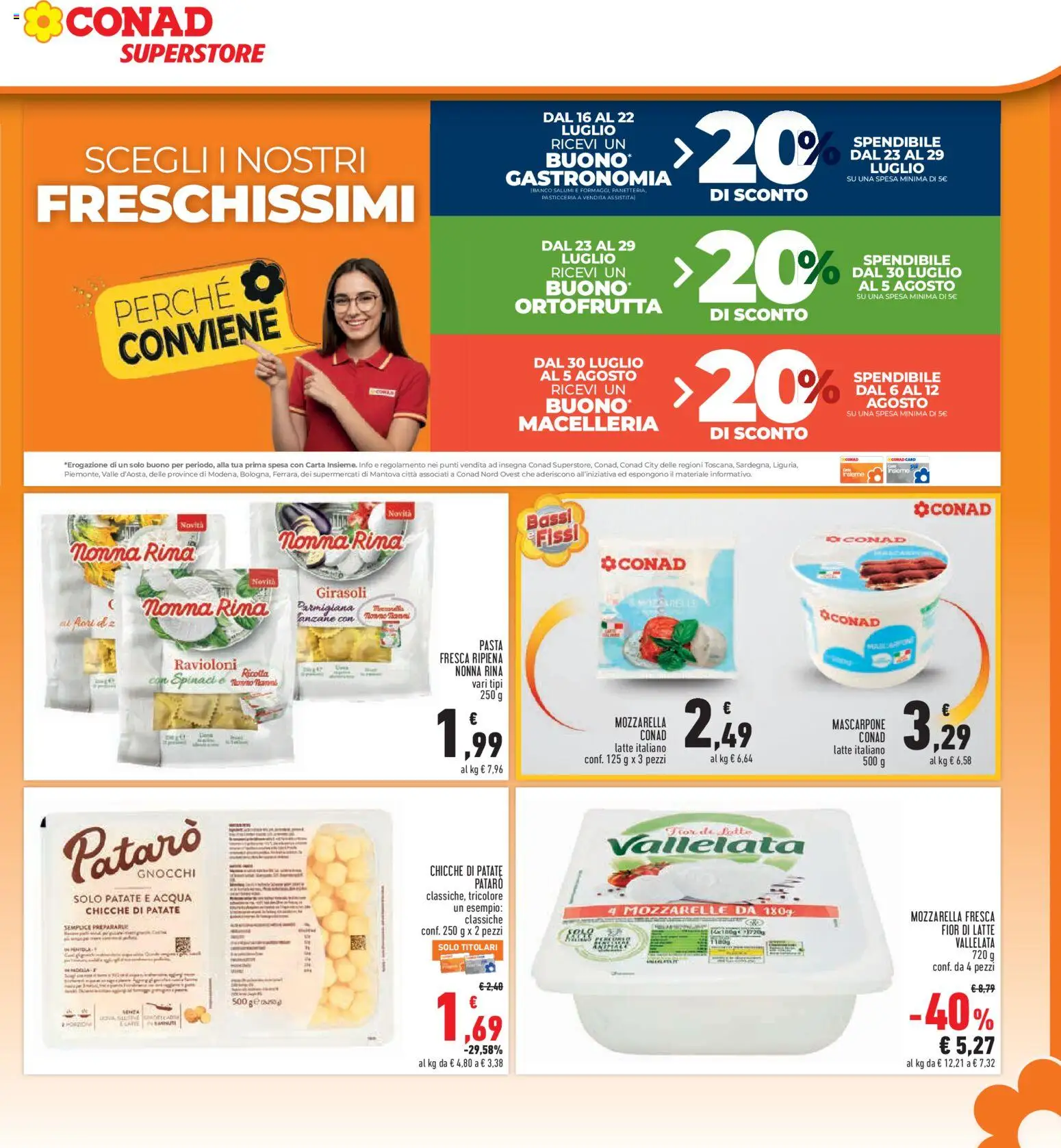Volantino Conad del 16/07/2026 | Pagina: 15 | Prodotti: Acqua, Mozzarella, Latte, Gnocchi