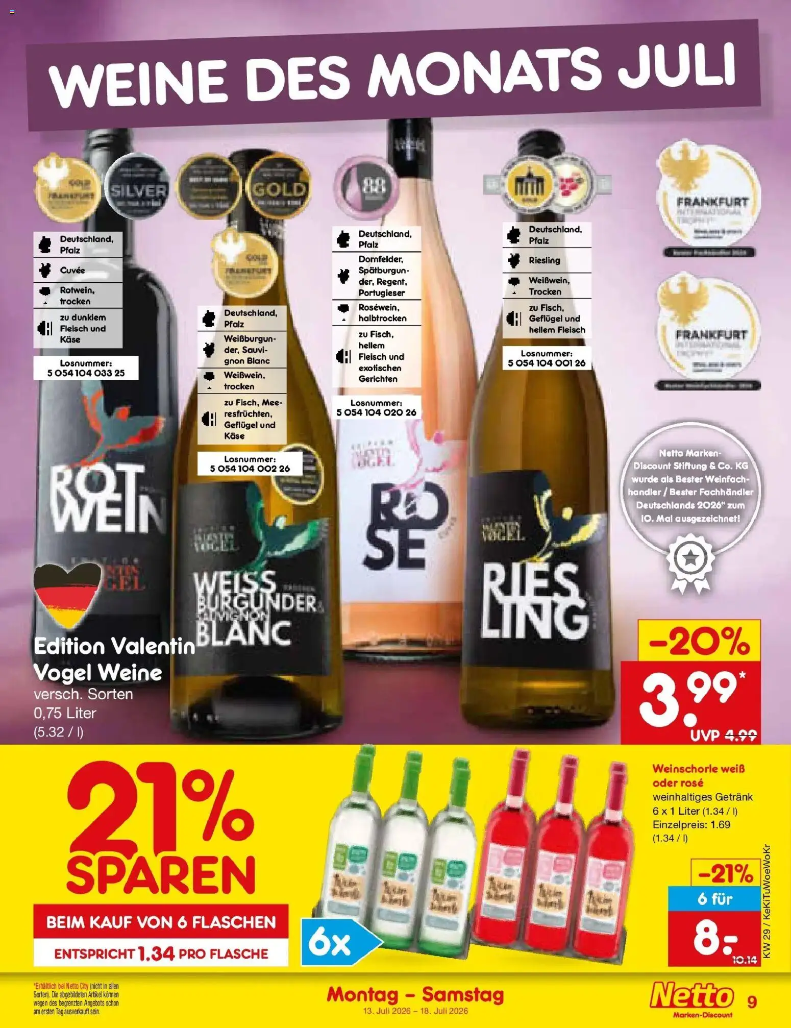 Netto Marken-Discount Prospekt Ludwigshafen-Edigheim – gültig ab 13.07.2026 | Seite: 9 | Produkte: Käse, Weinschorle, Fleisch