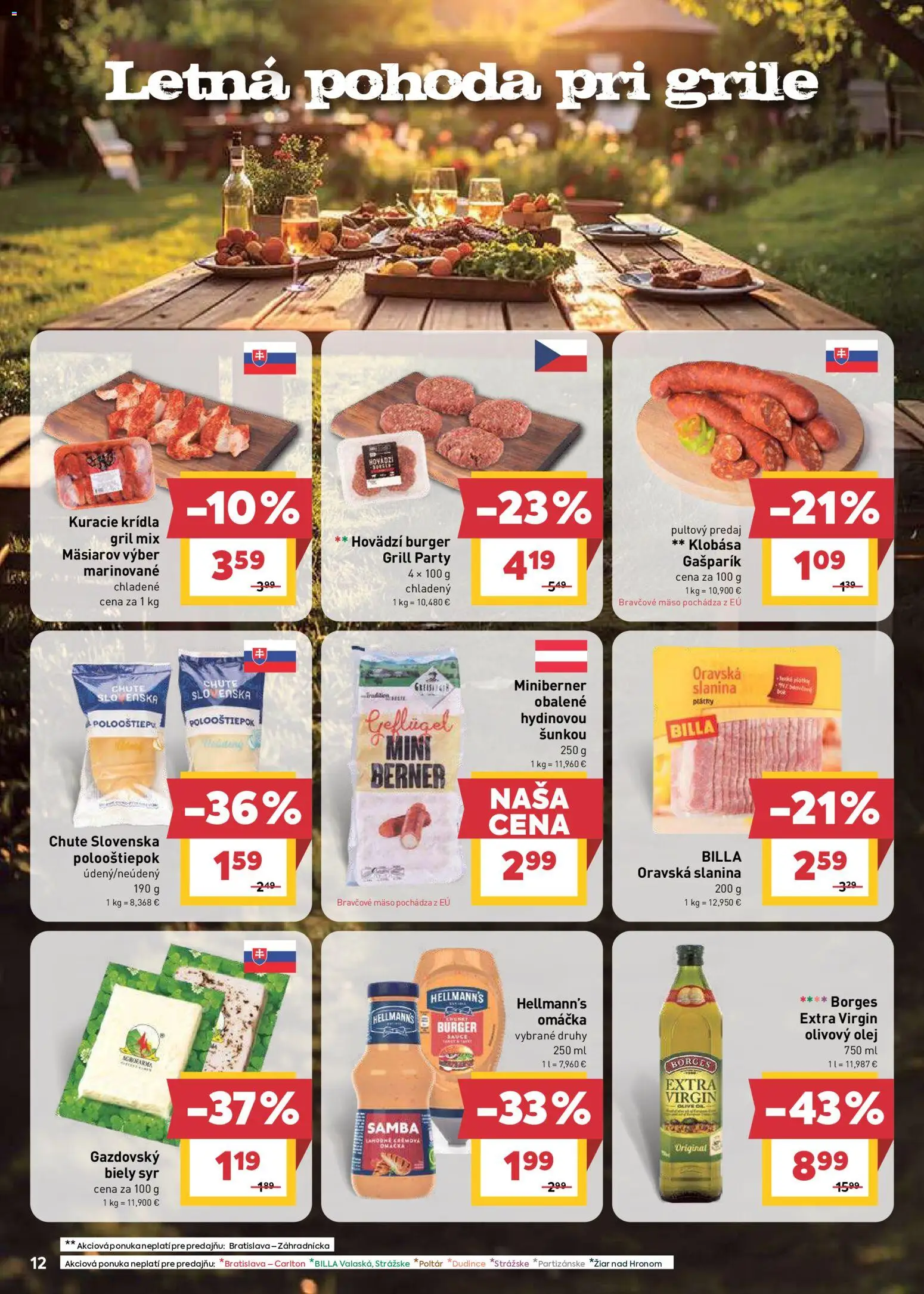 Nové Billa akcie – leták je platný od 08.07.2026 | Strana: 12 | Produkty: Gril, Olej, Slanina, Omáčka