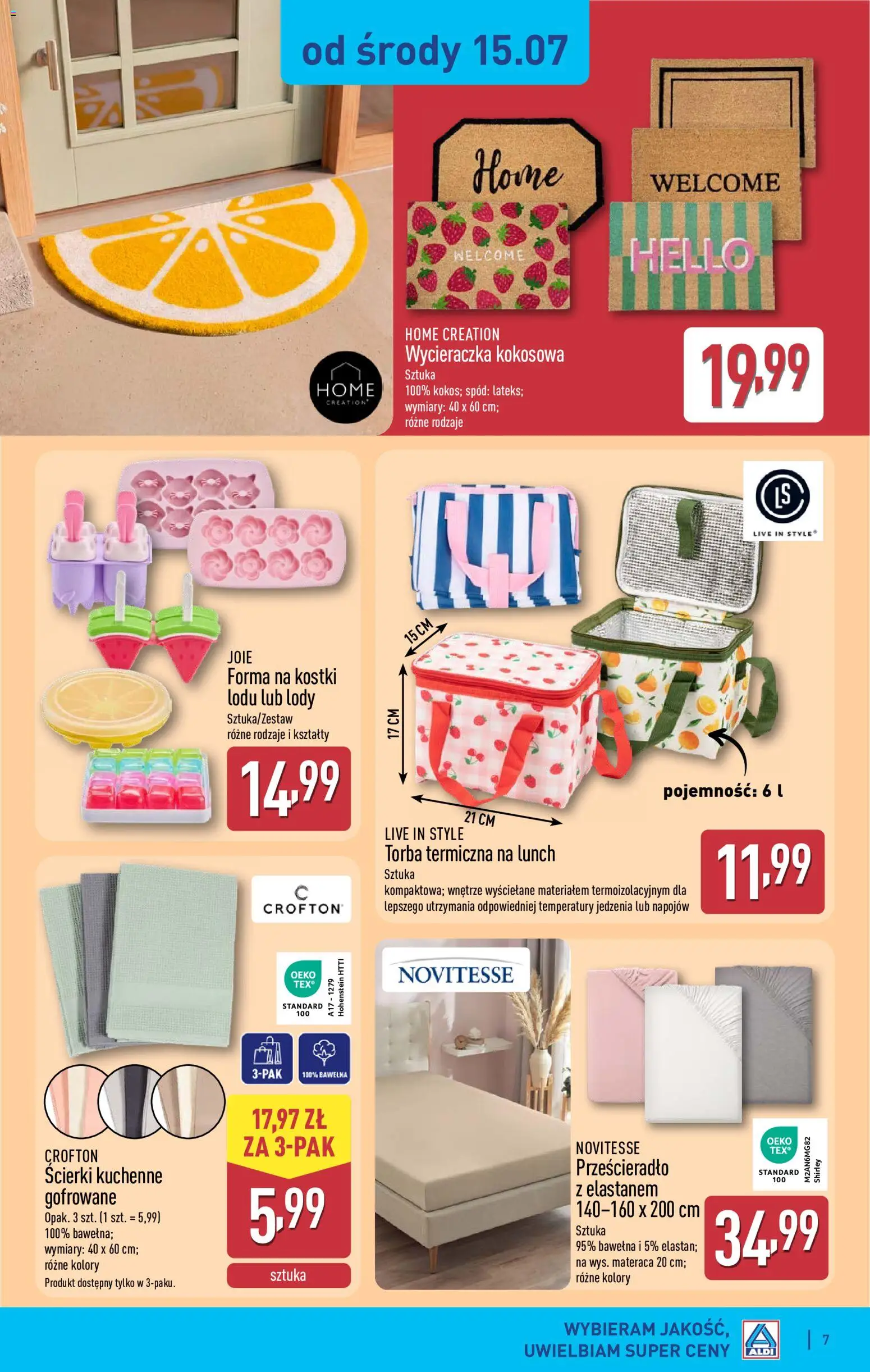 Aldi gazetka - Hity od Środy i od Soboty od 15.07.2026 | Strona: 7 | Produkty: Ścierki kuchenne, Torba, Wycieraczka, Lody