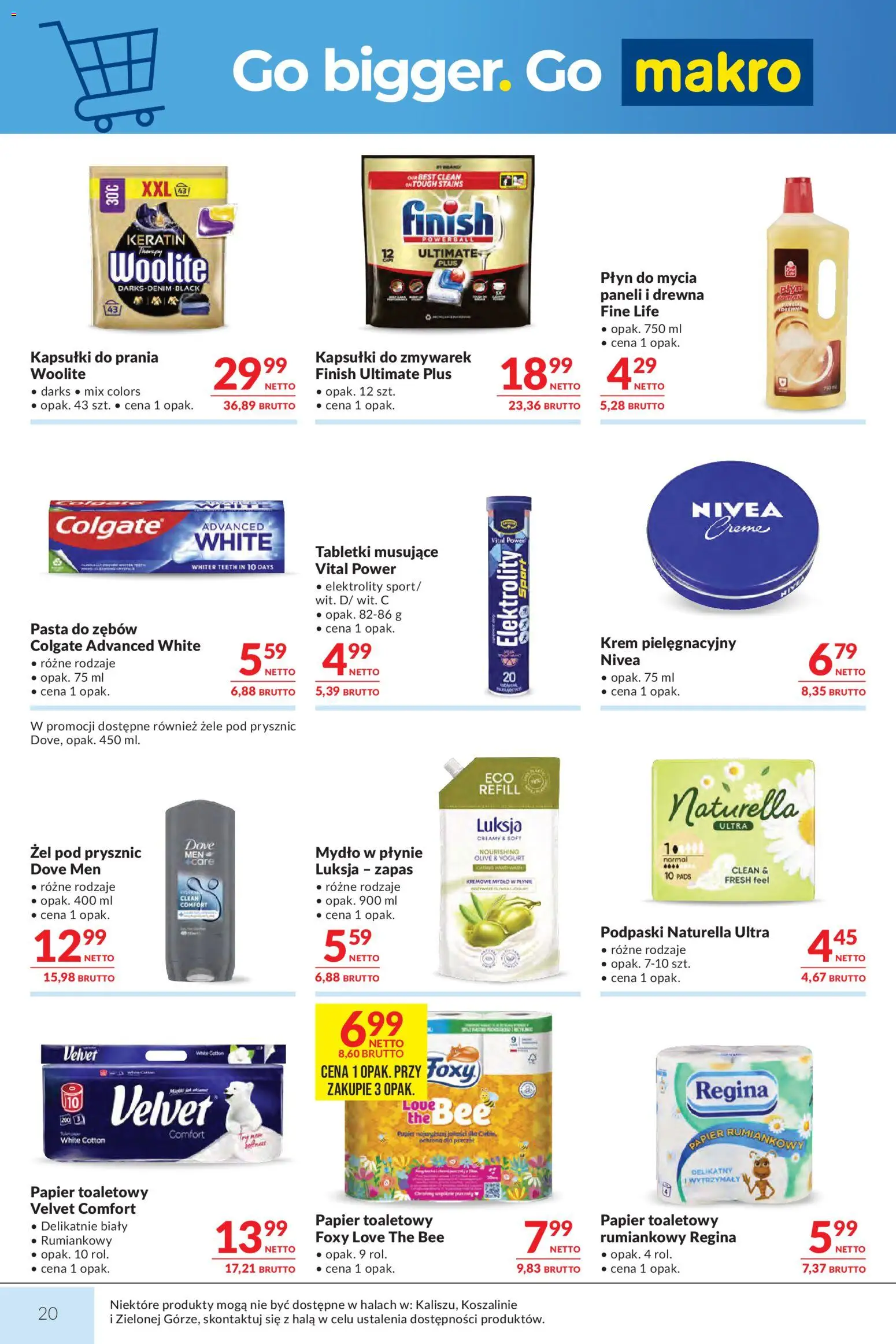 Makro gazetka od 14.04.2026 | Strona: 20 | Produkty: Kremowe mydło w płynie, Papier toaletowy, Żel pod prysznic, Finish