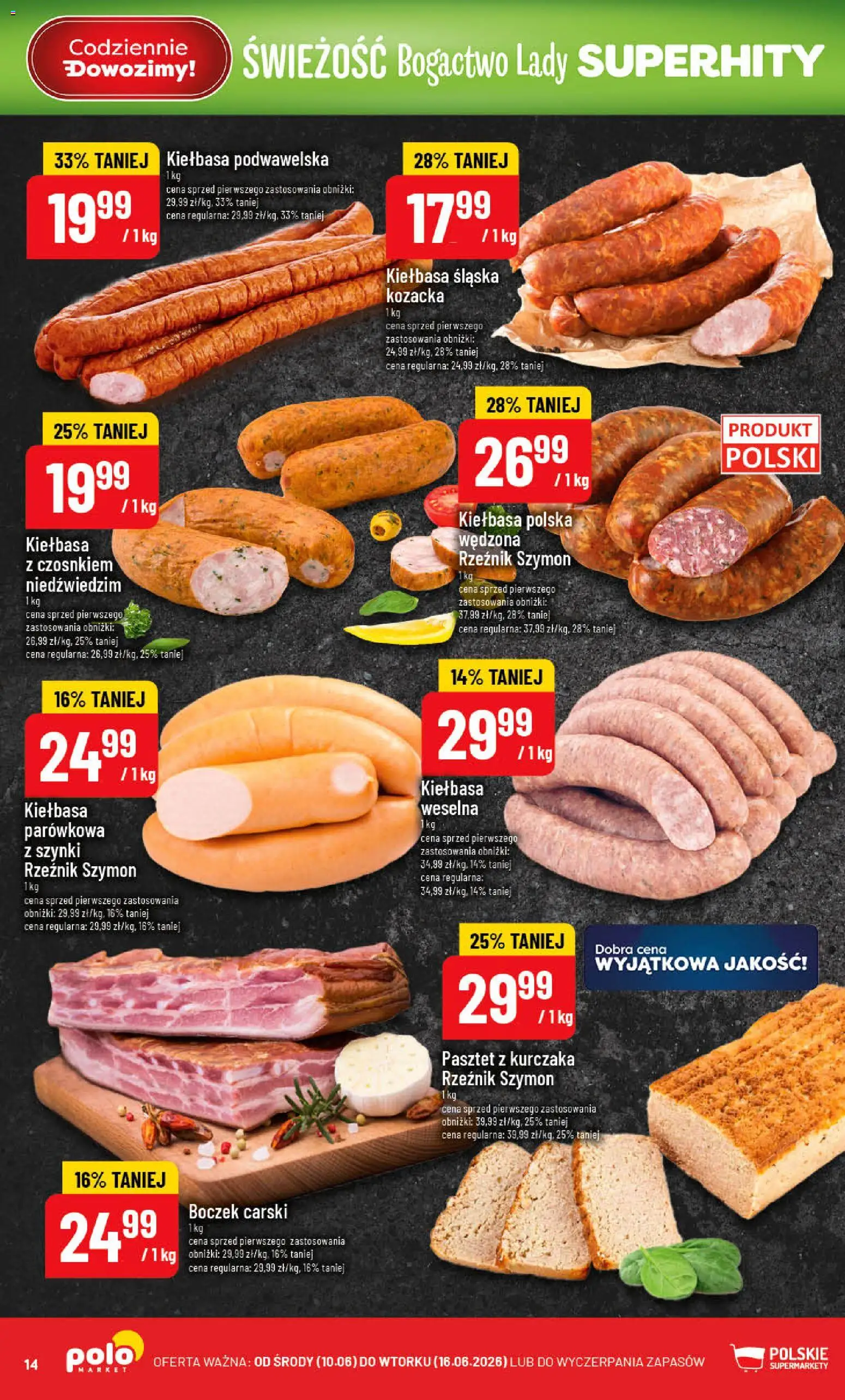 POLOmarket gazetka od 10.06.2026 | Strona: 14 | Produkty: Kiełbasa, Kiełbasa śląska, Boczek, Kiełbasa podwawelska