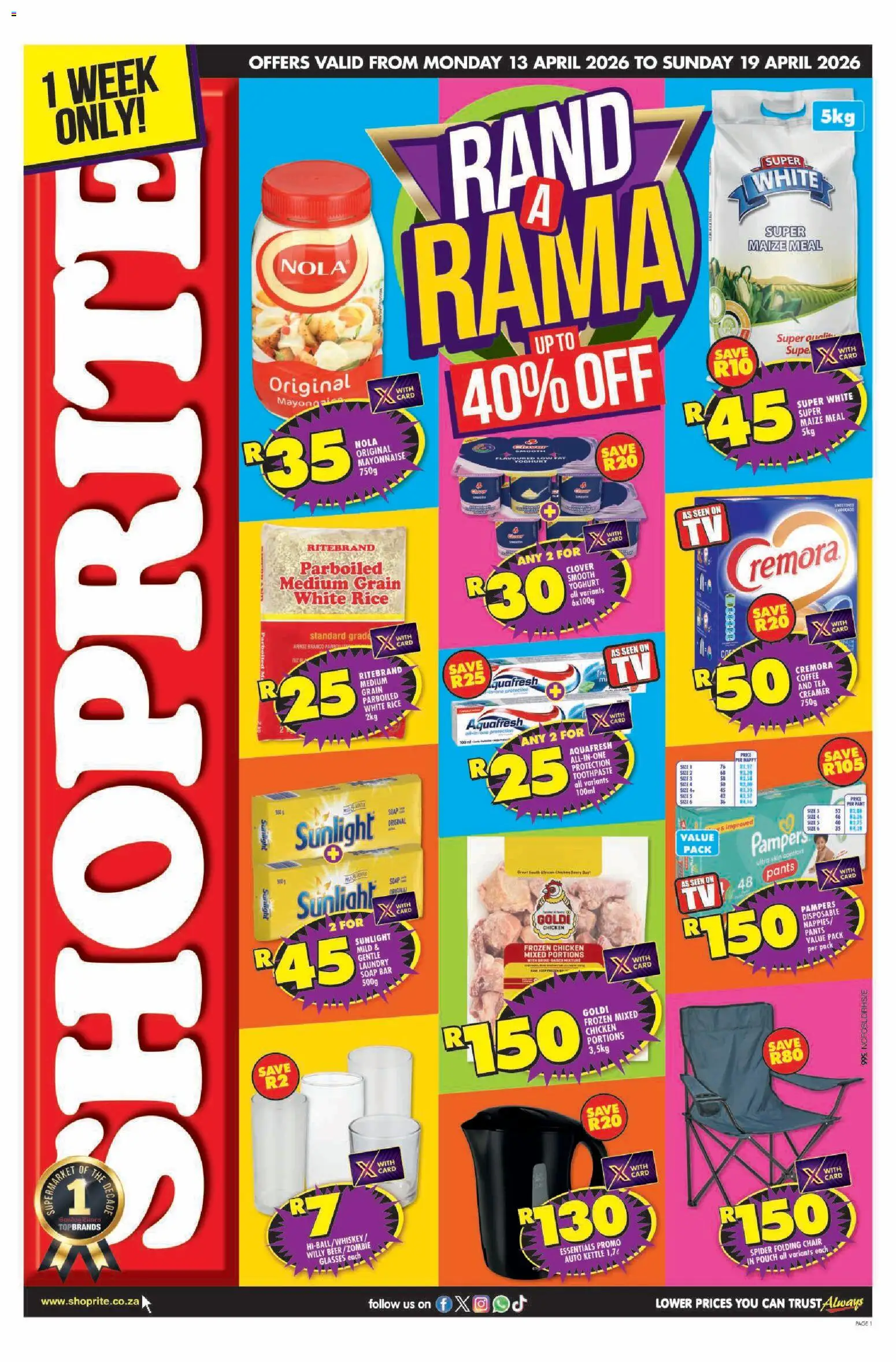 New Shoprite catalogue – valid from 13.04.2026 | Page: 1 | Products: Beer, Rice, Toothpaste, Mayonnaise