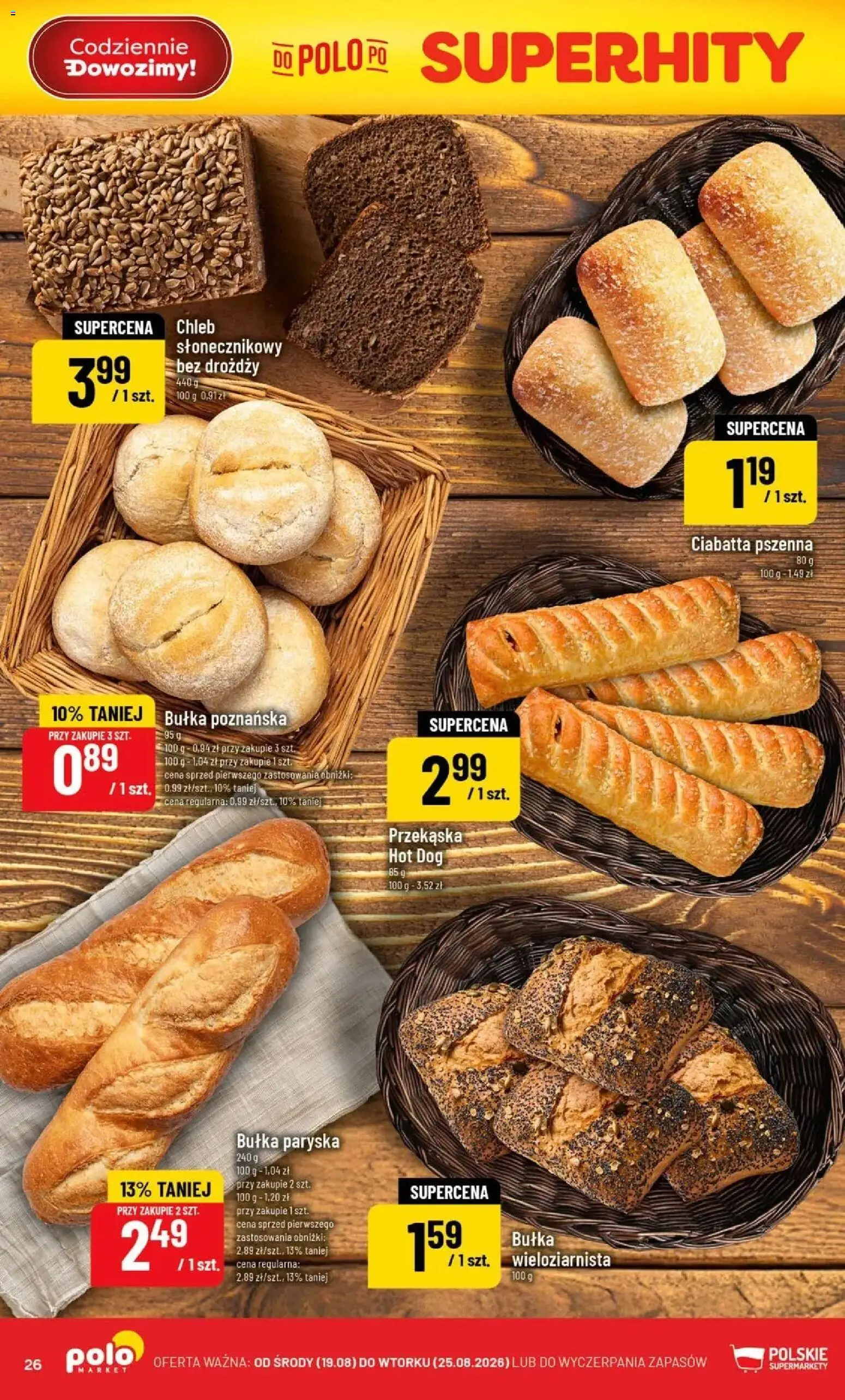 Nowa POLOmarket gazetka od jutra 19.08.2026 | Strona: 26 | Produkty: Bułka paryska, Bułka, Bułka poznańska, Hot dog