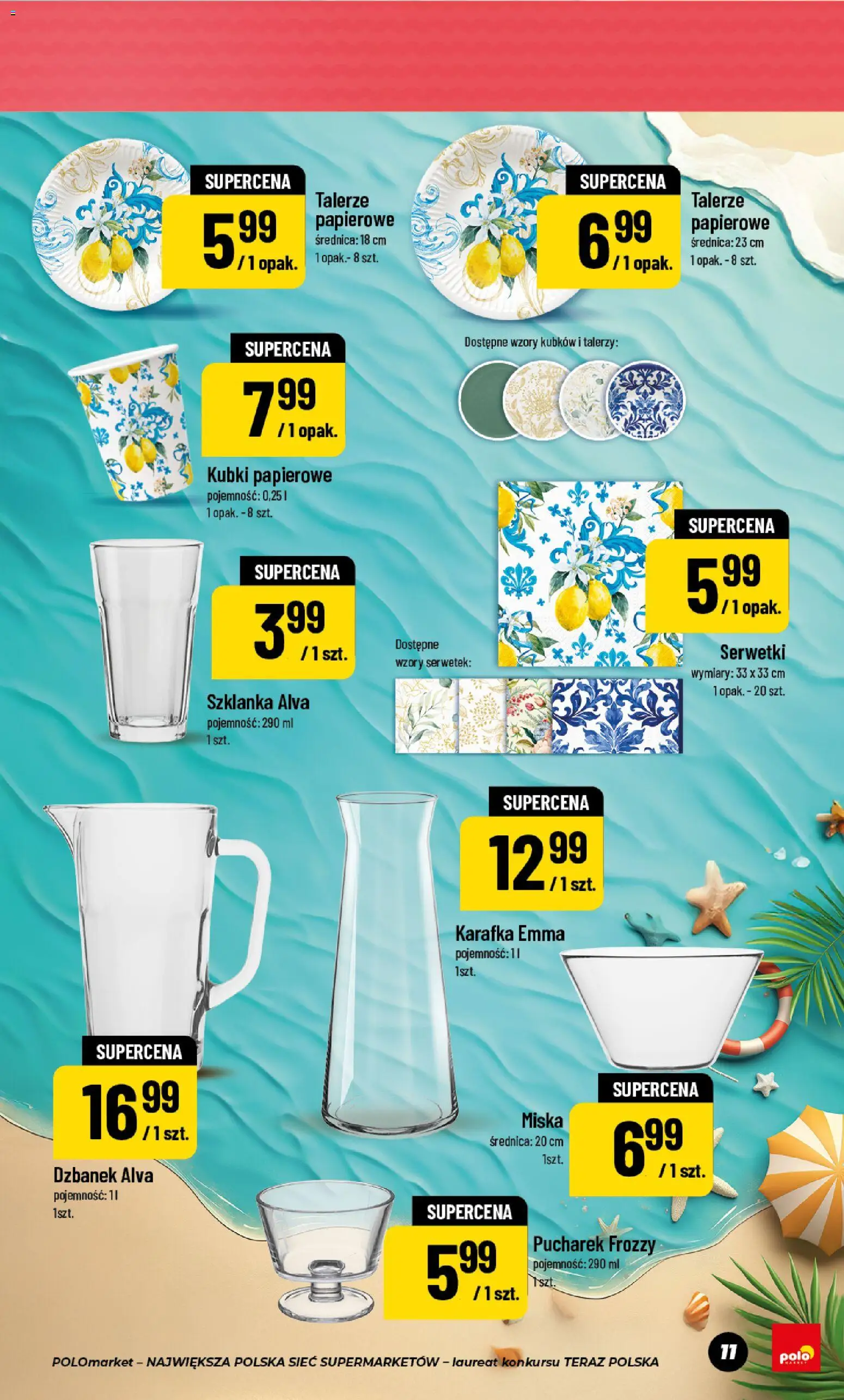 Nowa POLOmarket gazetka od jutra 24.06.2026 | Strona: 11 | Produkty: Szklanka, Dzbanek, Talerze, Serwetki