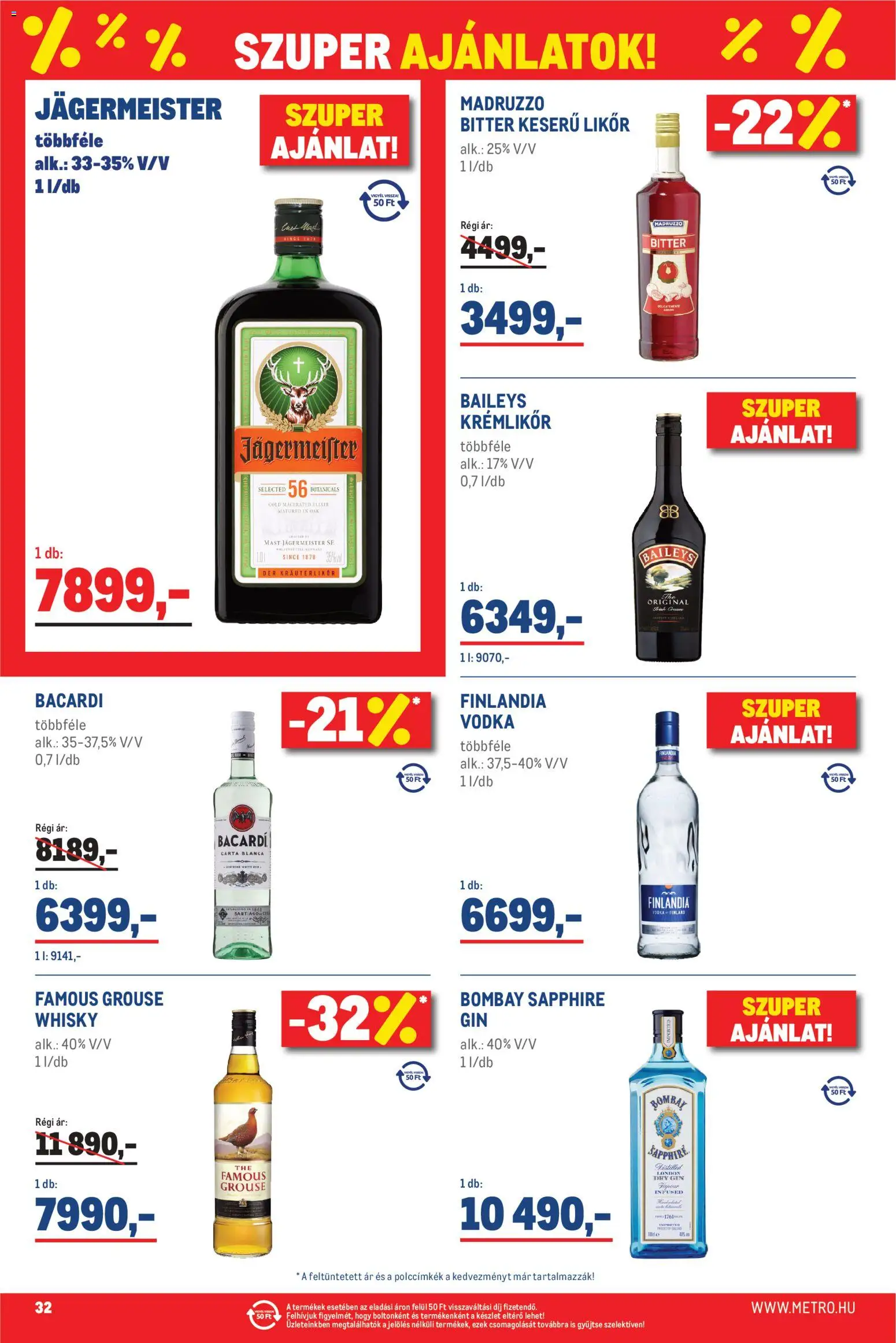 Metro akciós ujság - amely érvényes a következő dátumtól: 01.06.2026 | Oldal: 32 | Termékek: Krémlikőr, Bacardi, Gin, Likőr