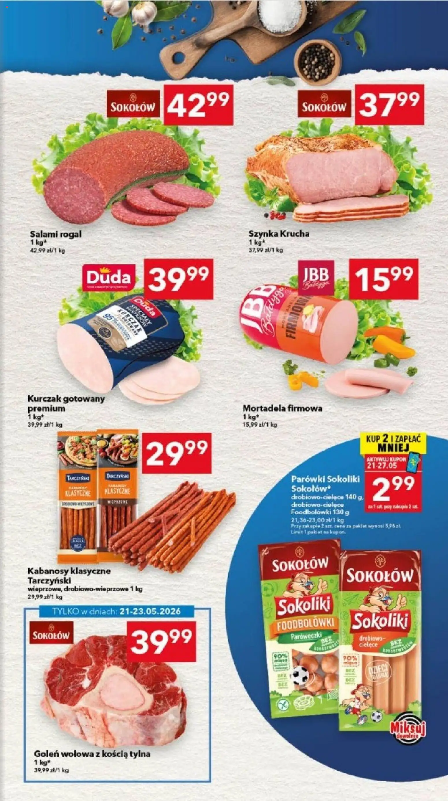 Lewiatan gazetka - Legnica od 21.05.2026 | Strona: 3 | Produkty: Kabanosy, Parówki, Szynka, Salami