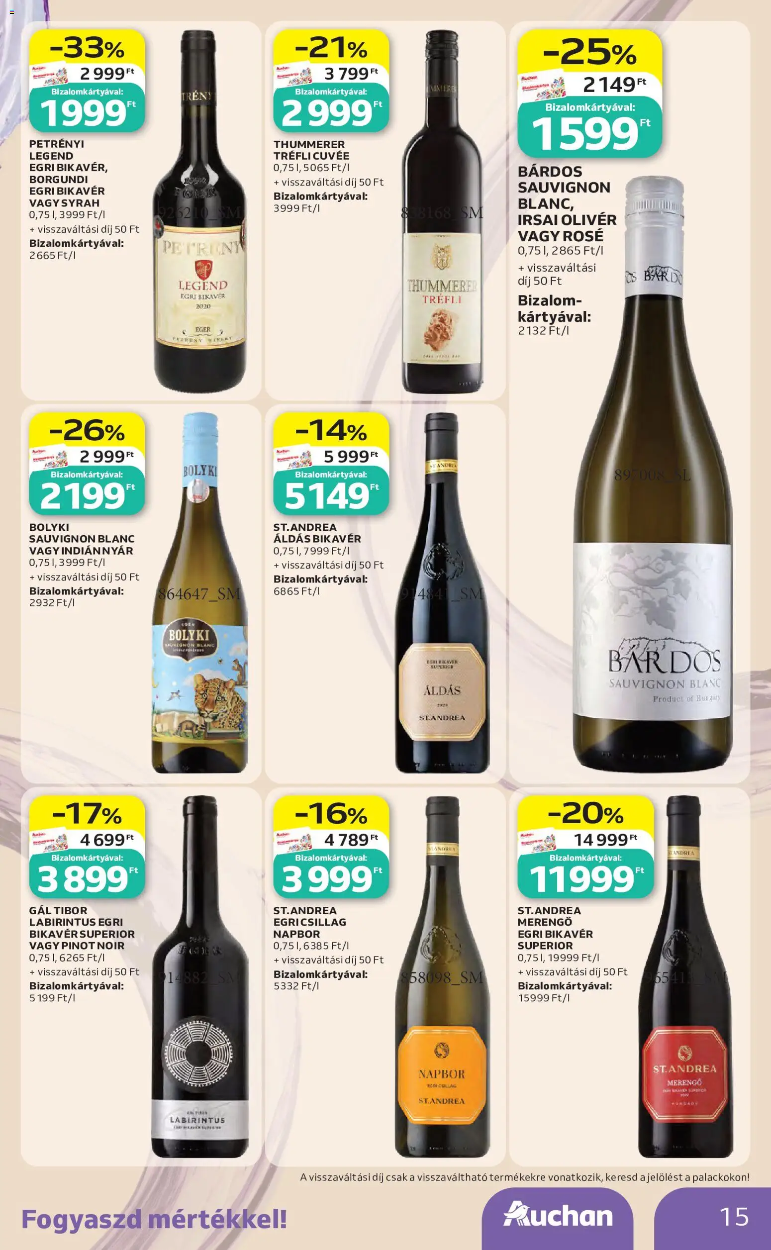 Auchan akciós ujság - amely érvényes a következő dátumtól: 2026.10.01. | Oldal: 15 | Termékek: Egri Bikavér, Egér, Irsai Olivér, Rosé