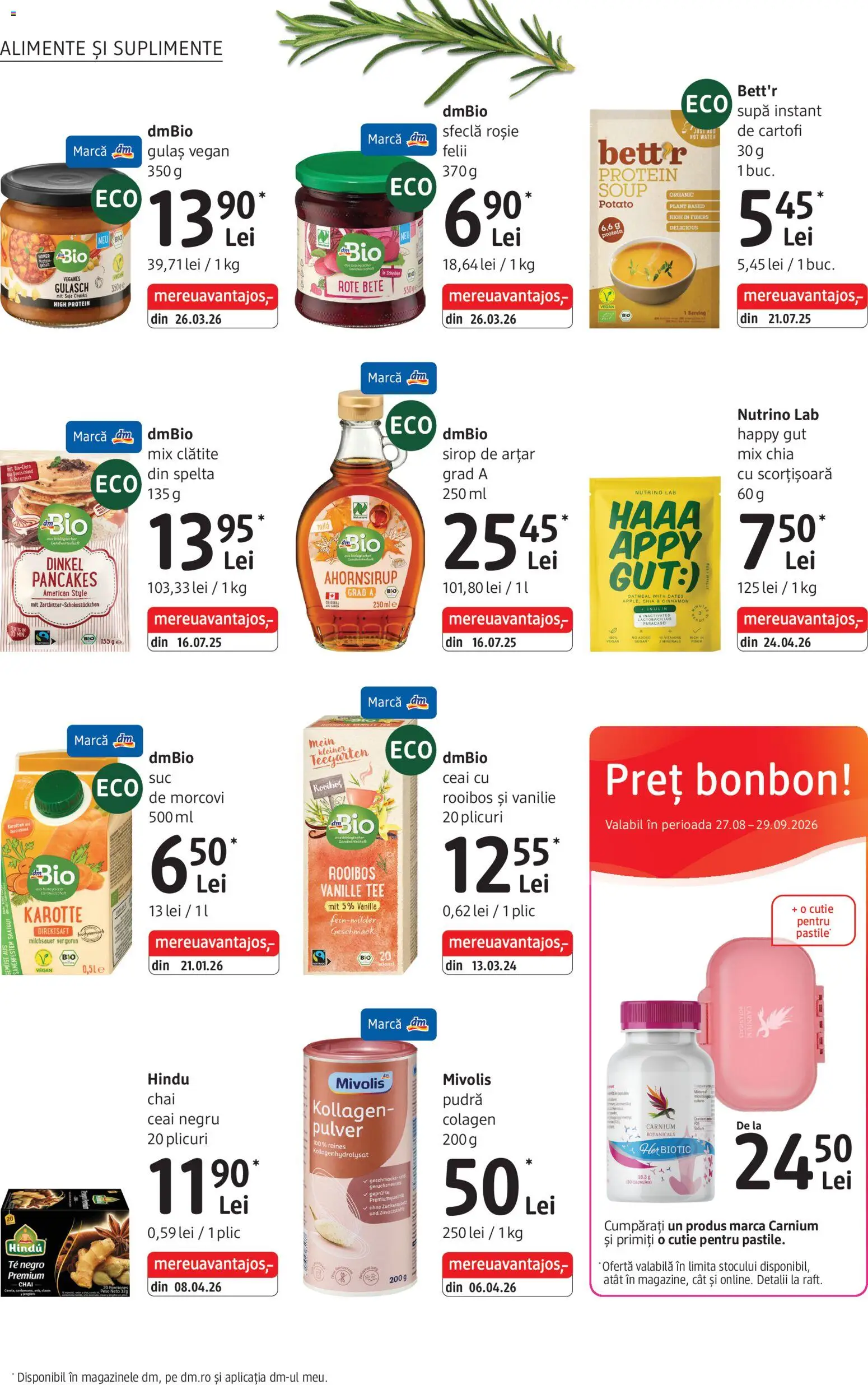Noul catalog DM drogeriemarkt – valabil de la 27.08.2026 | Pagină: 18 | Produse: Sirop de arțar, Ceai, Morcovi, Gulaș