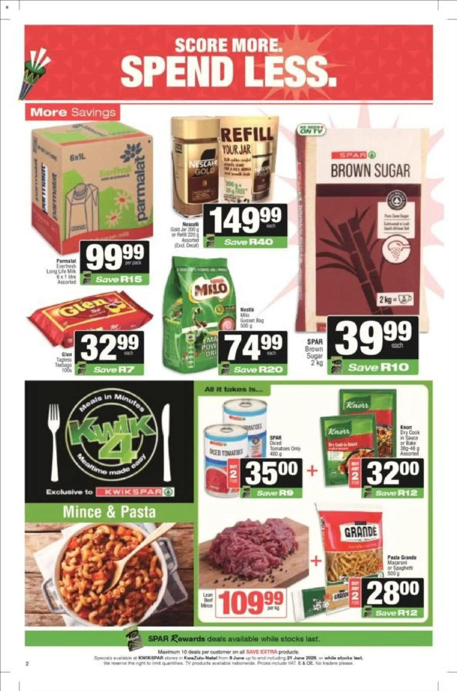 New KWIKSPAR catalogue – valid from 08.06.2026 | Page: 2 | Products: Ham, Tomatoes, Pasta, Sugar