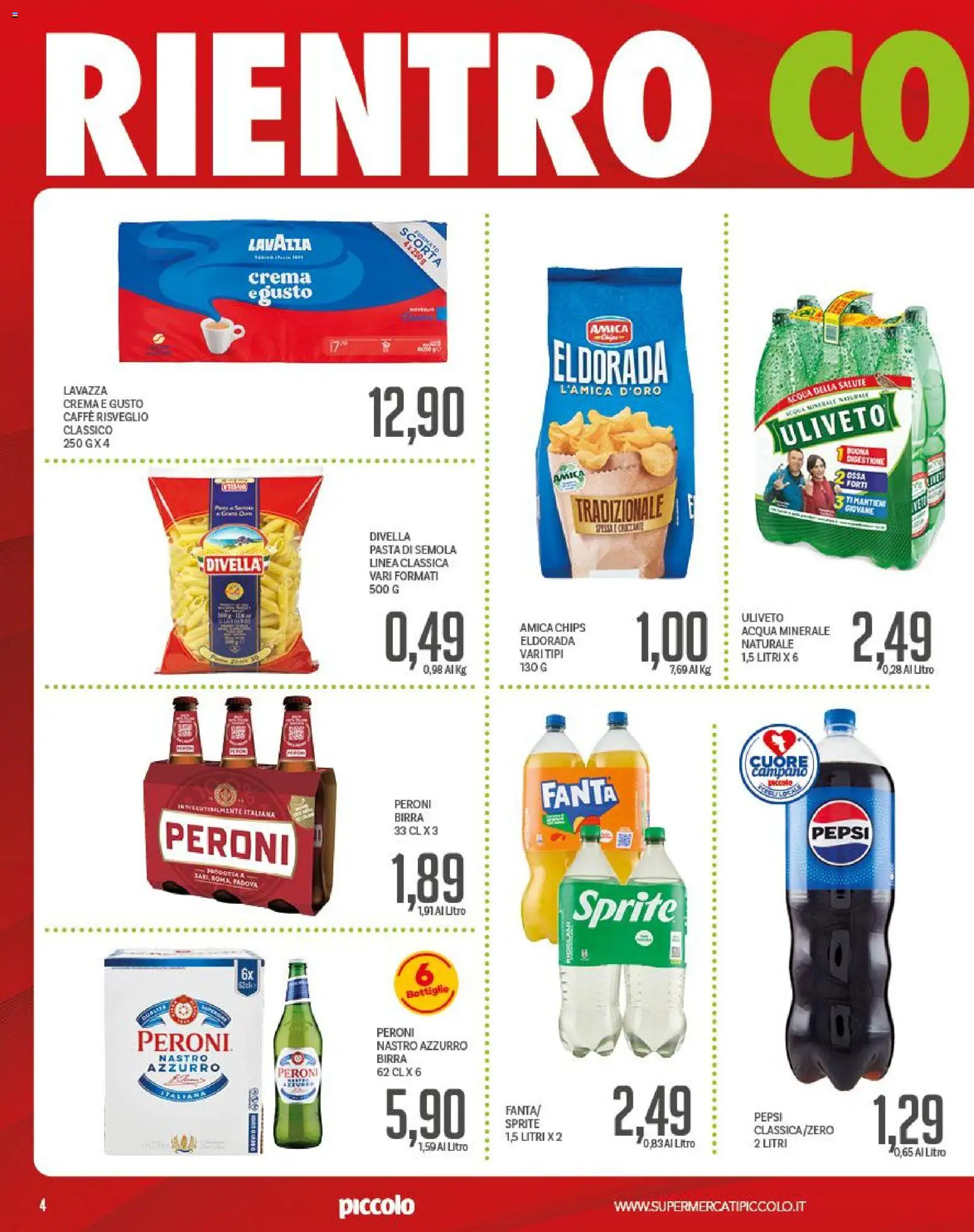 Volantino Piccolo del 31/08/2026 | Pagina: 4 | Prodotti: Acqua, Pasta di semola, Fanta, Pepsi