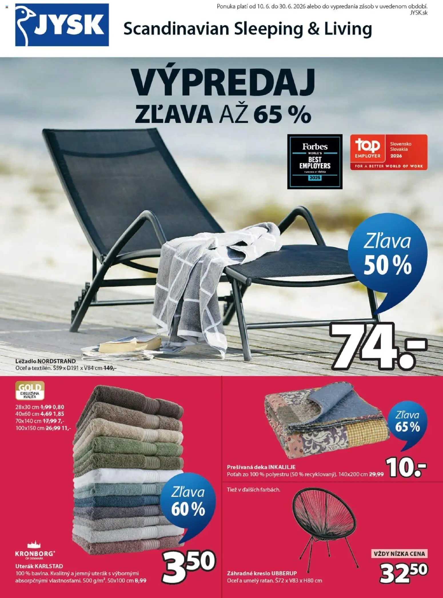 Nové JYSK akcie – leták je platný od 10.06.2026 | Strana: 1 | Produkty: Záhradne kreslo, Kreslo, Uterák