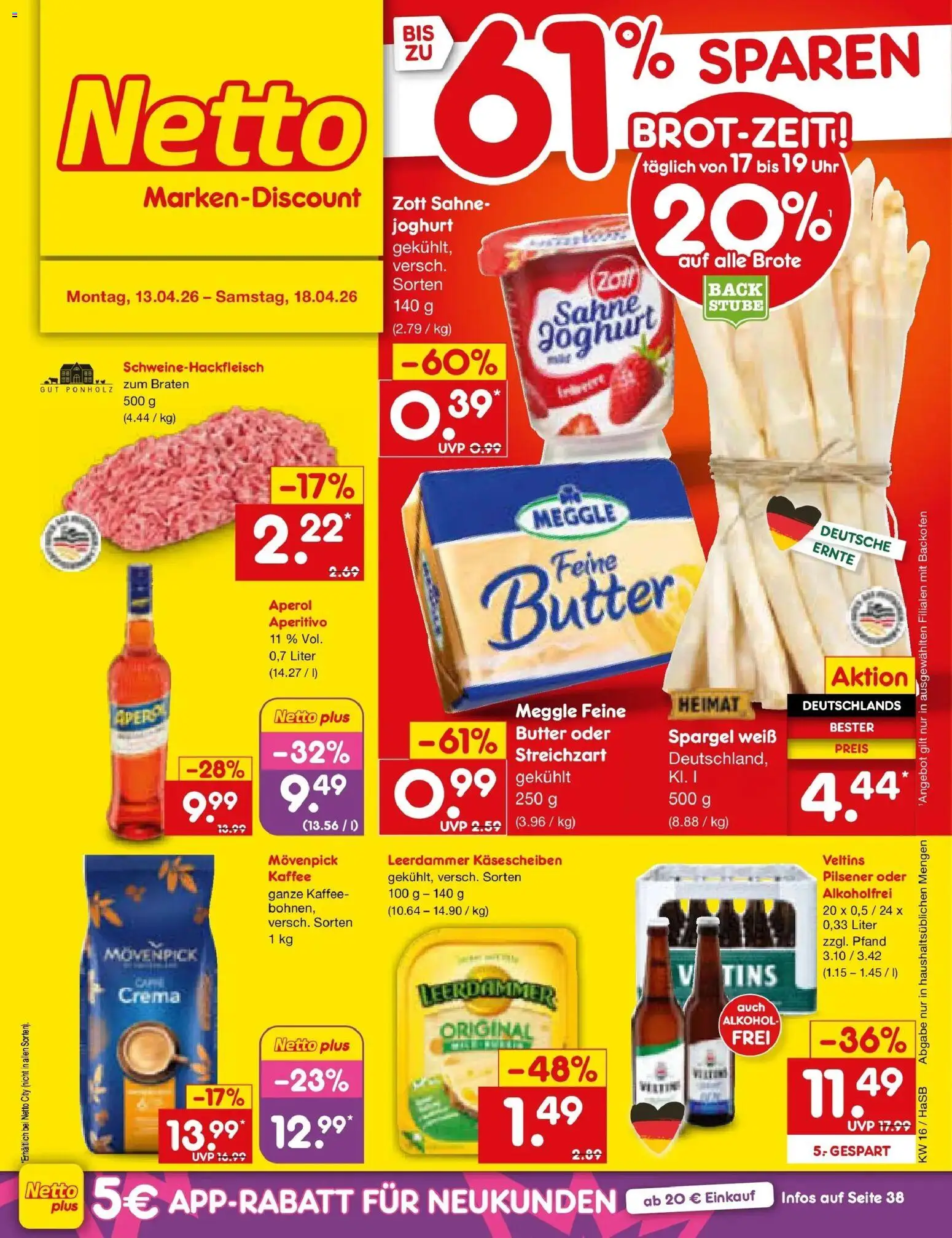 Netto Marken-Discount Prospekt Wuppertal	 – gültig ab 13.04.2026 | Seite: 1 | Produkte: Butter, Leerdammer, Aperol, Veltins