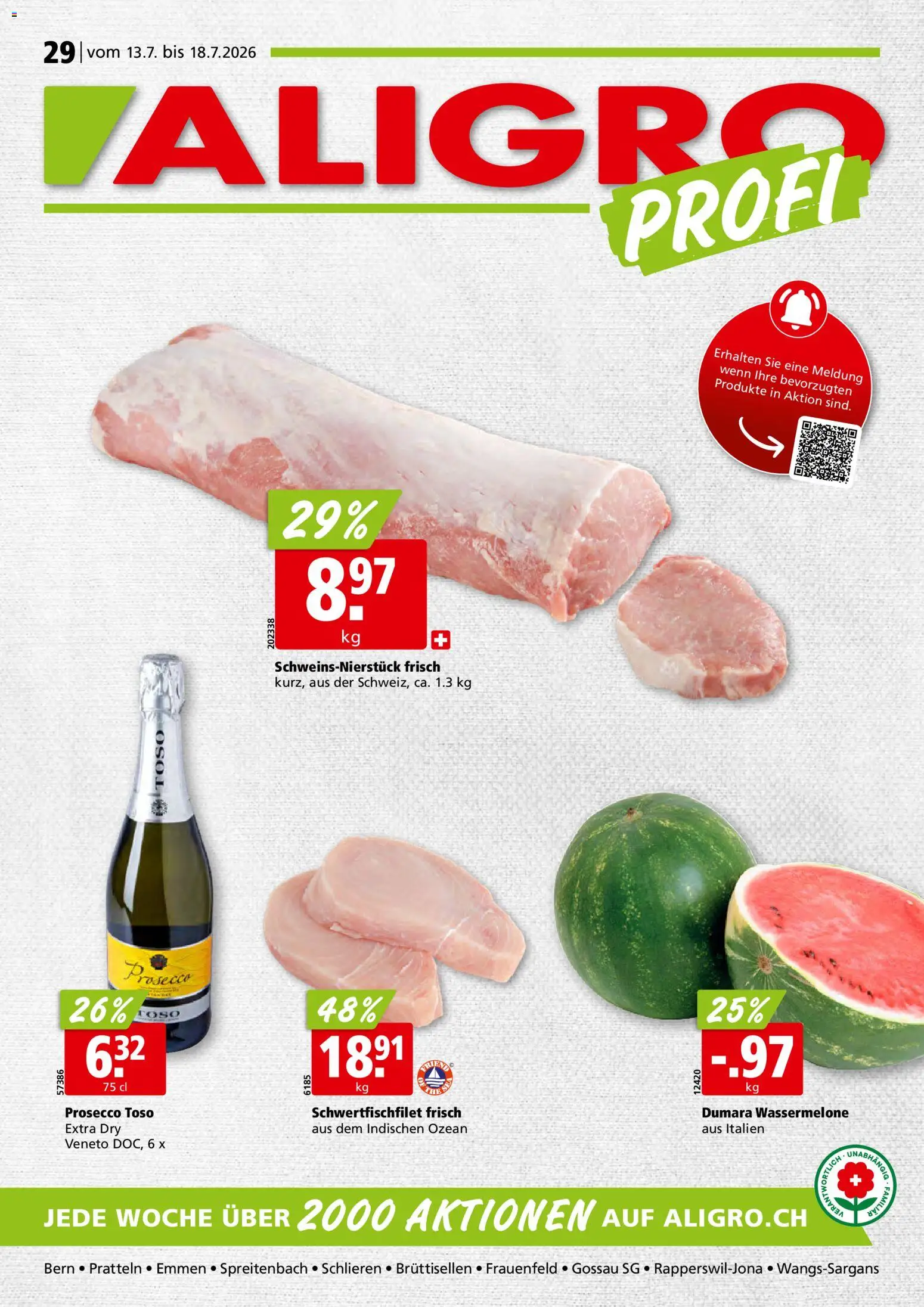 Aligro aktionen Schlieren, Gossau SG, Frauenfeld, Rapperswil-Jona, Sargans, Bern – gültig ab 13.07.2026 | Seite: 1 | Produkte: Wassermelone