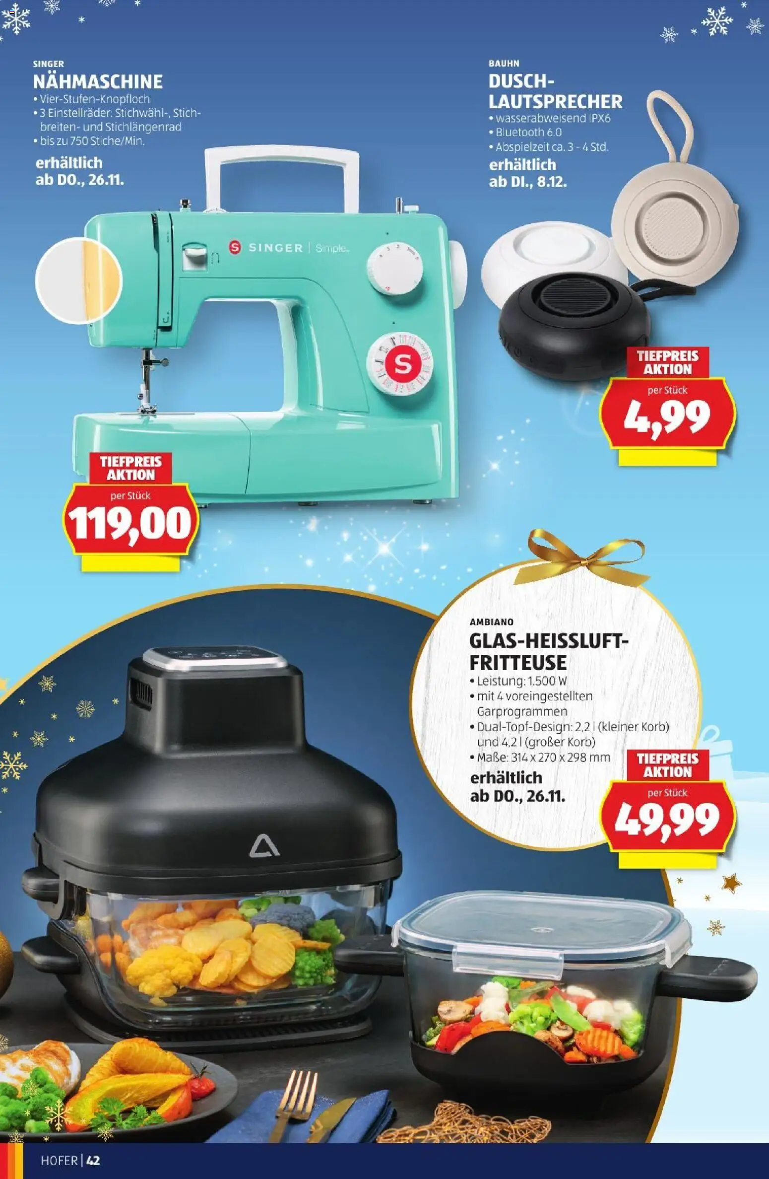 Hofer Weihnachtskatalog gültig ab 28.10.2026 | Seite: 42 | Produkte: Lautsprecher, Nähmaschine, Korb