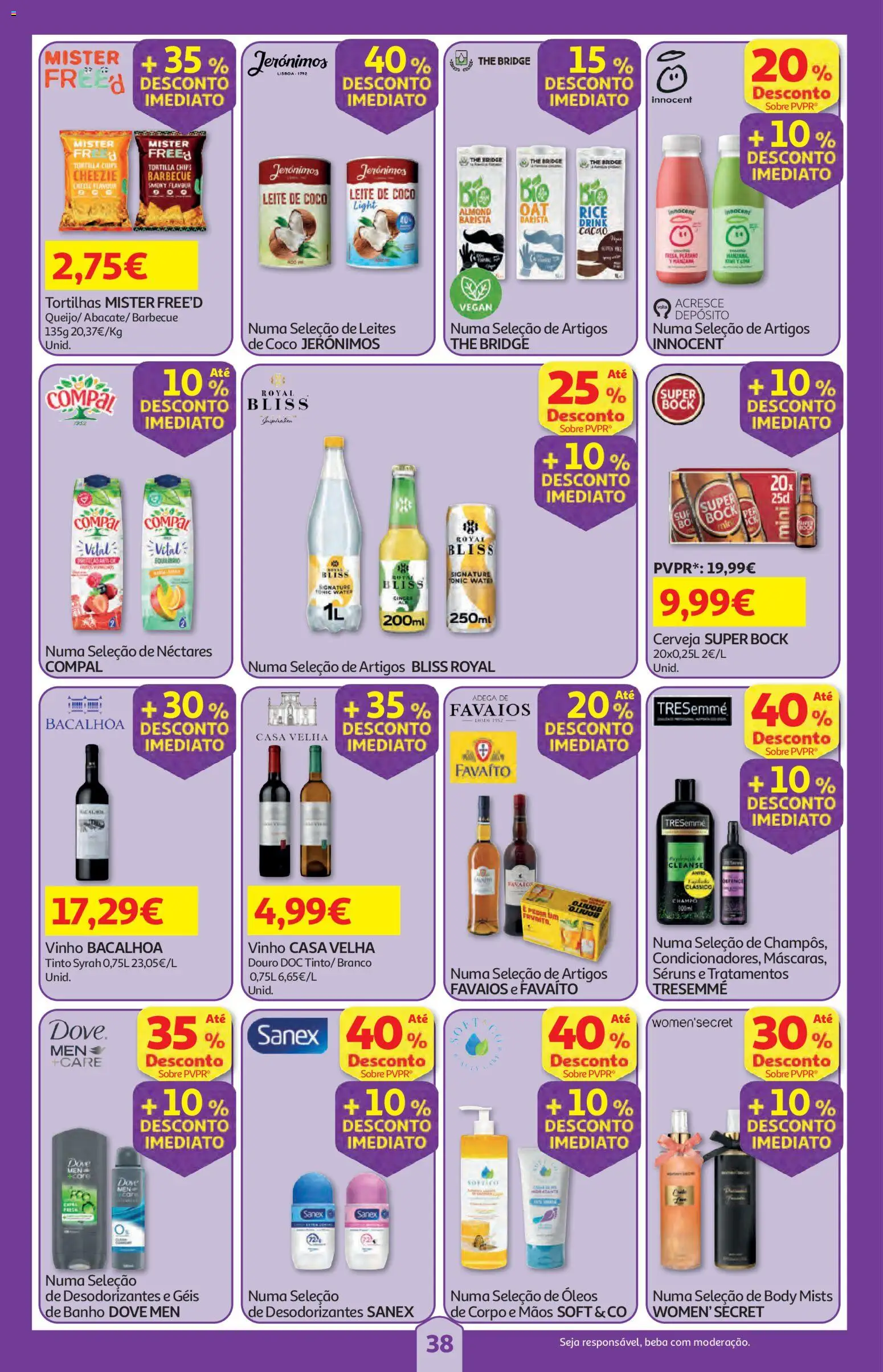 Auchan folheto │ válido de 16/07/2026 | Página: 38 | Produtos: Super bock, Leite, Banho, Vinho