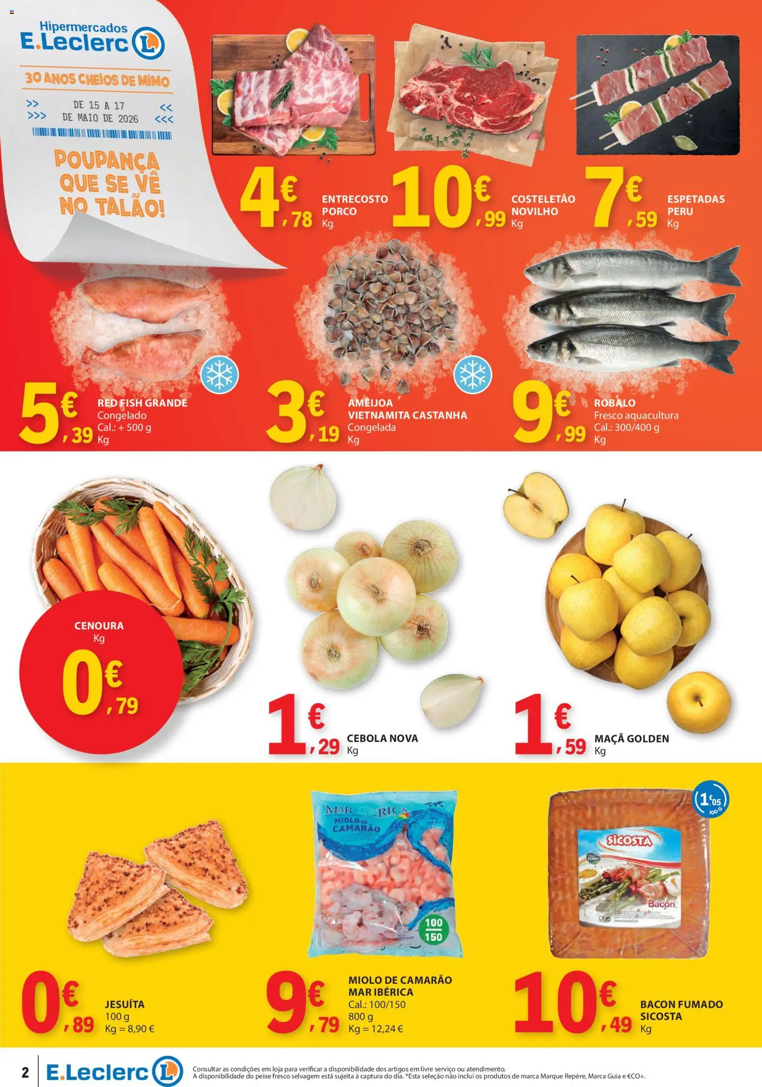 E.Leclerc Catálogo Fim de Semana │ válido de 15.05.2026 | Página: 2 | Produtos: Bacon, Camarão, Cebola, Peixe