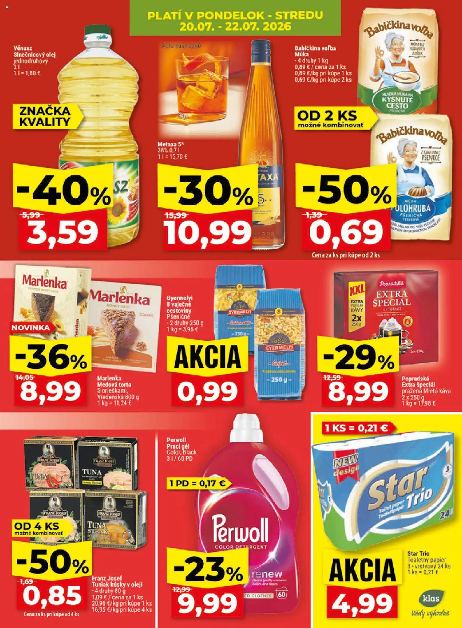 Nové Klas akcie – leták je platný od 20.07.2026 | Strana: 5 | Produkty: Tuniak, Cesto, Slnečnicový olej, Marlenka