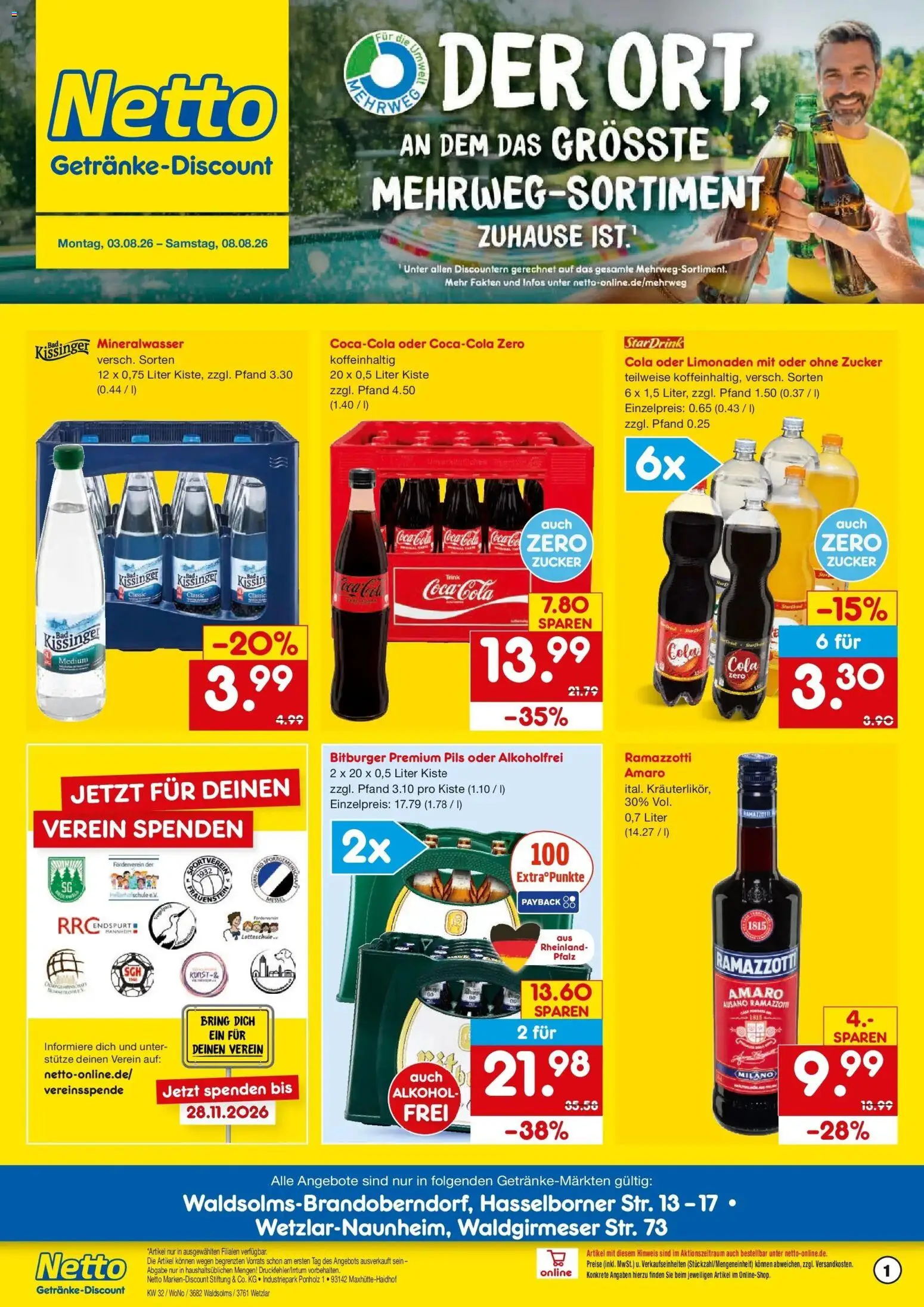 Netto Marken-Discount Prospekt Wetzlar-Naunheim – gültig ab 03.08.2026 | Seite: 1 | Produkte: Coca cola, Cola, Pils, Zucker
