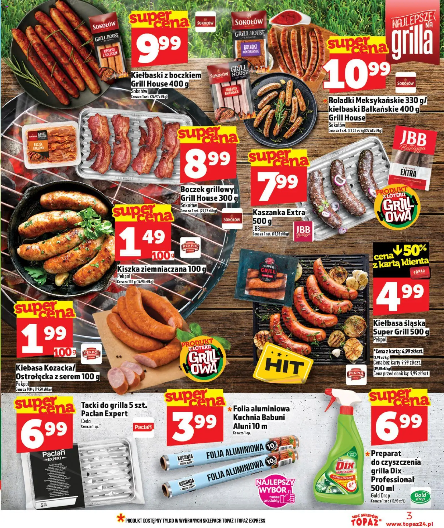 Topaz gazetka od 16.04.2026 | Strona: 3 | Produkty: Kiełbasa, Kiszka ziemniaczana, Grill, Kiełbaski