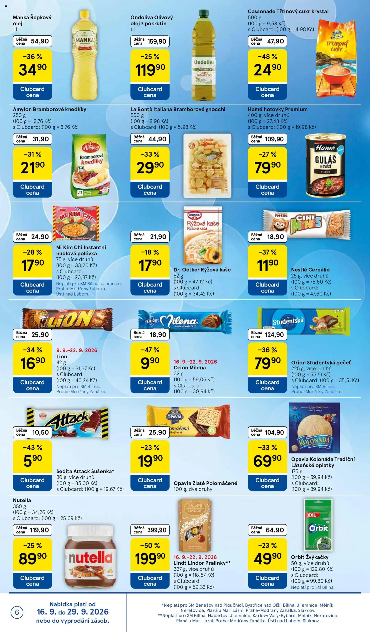 Tesco leták - Supermarket od 16.09.2026 | Strana: 6 | Produkty: Lindt, Třtinový cukr, Cukr krystal, Oplatky