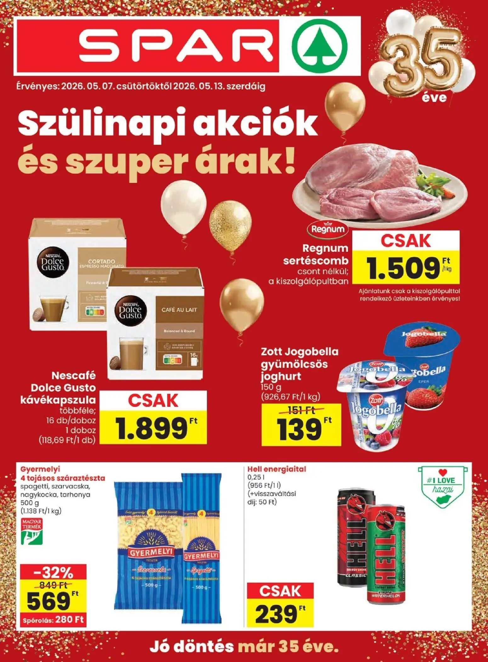 Spar akciós ujság - amely érvényes a következő dátumtól: 07.05.2026 | Oldal: 1 | Termékek: Energiaital, Sertéscomb, Doboz, Eper