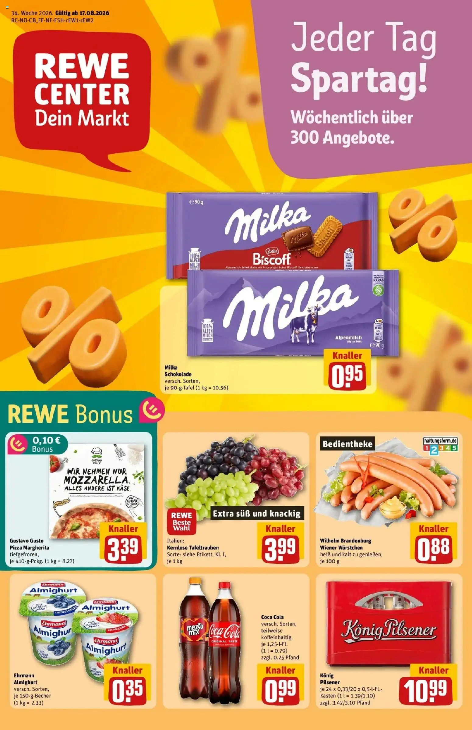 REWE Prospekt ab 17.08.2026 zum Blättern » Angebote | Seite: 1 | Produkte: Wiener wurstchen, Coca cola, Milch, Milka schokolade