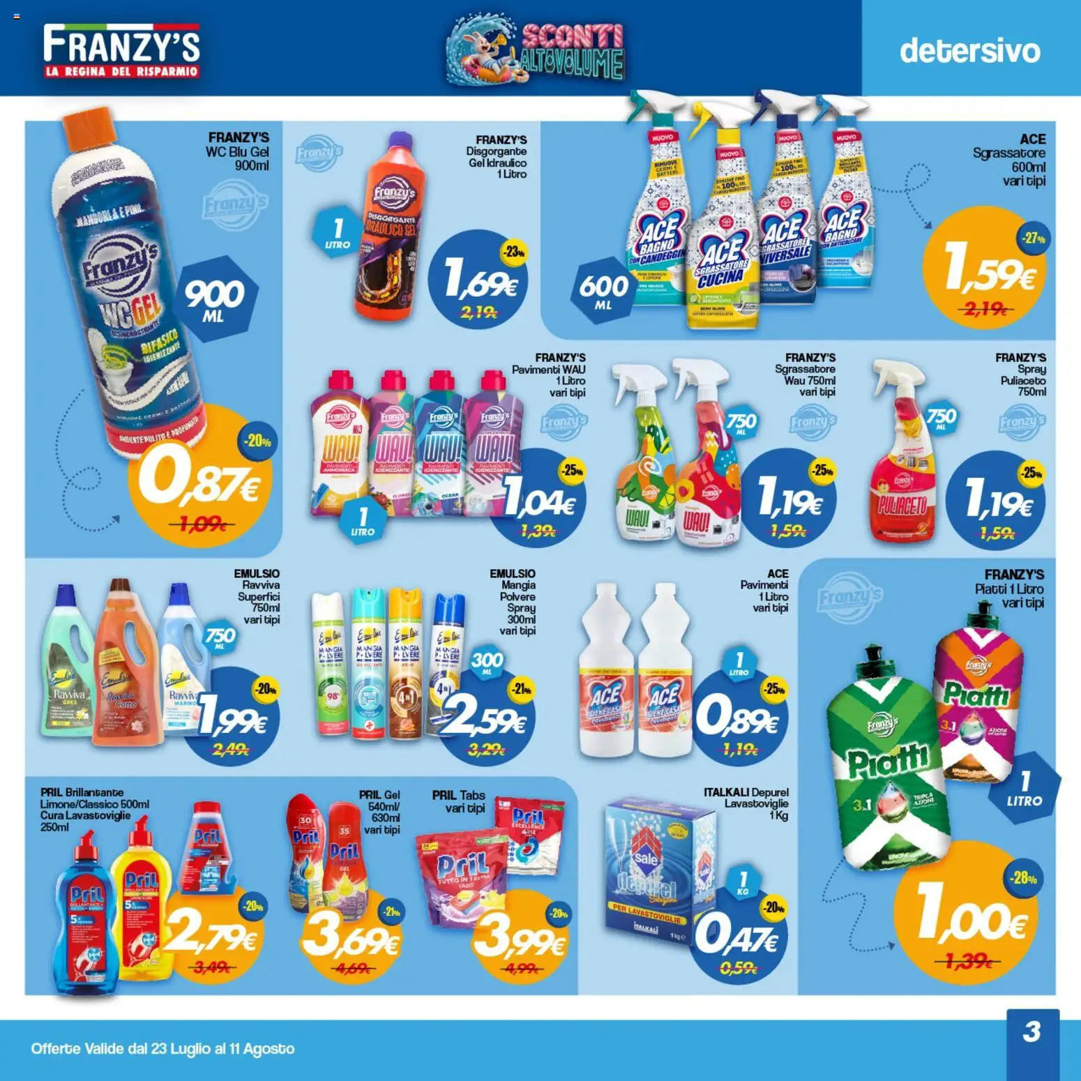 Volantino Franzy's del 23/07/2026 | Pagina: 3 | Prodotti: Anticalcare, Sale, Lavastoviglie, Bagno