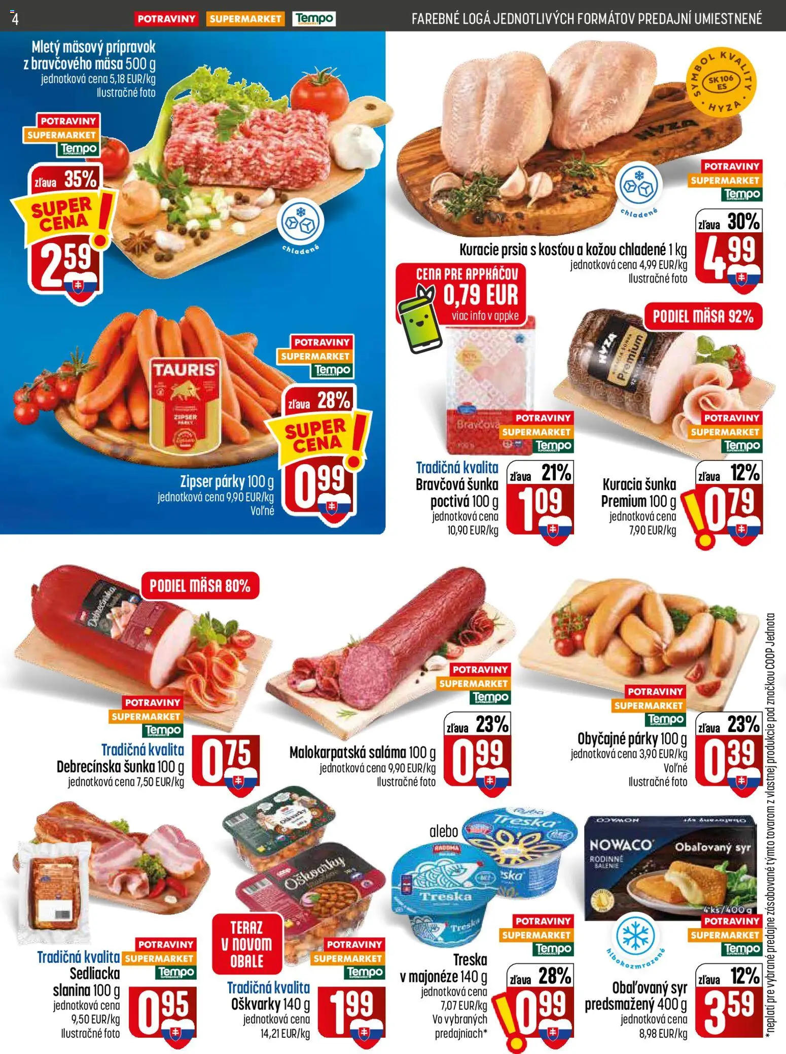 Nové COOP Jednota akcie – leták je platný od 23.07.2026 | Strana: 4 | Produkty: Šunka, Kuracie prsia, Párky, Treska