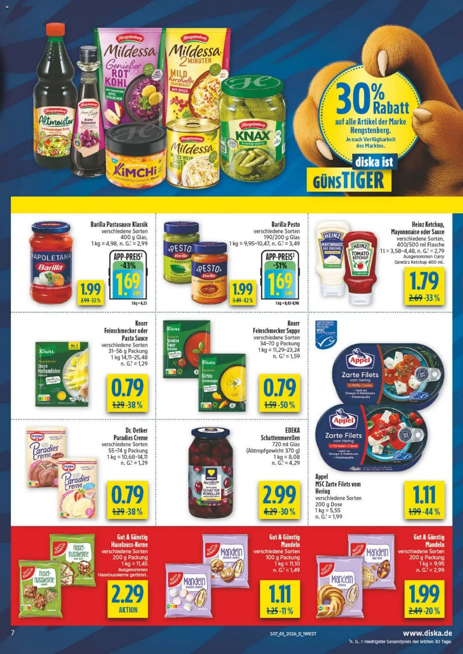 Diska Bayern – gültig ab 19.10.2026 | Seite: 7 | Produkte: Barilla pesto, Tomaten, Mandeln, Kürbis