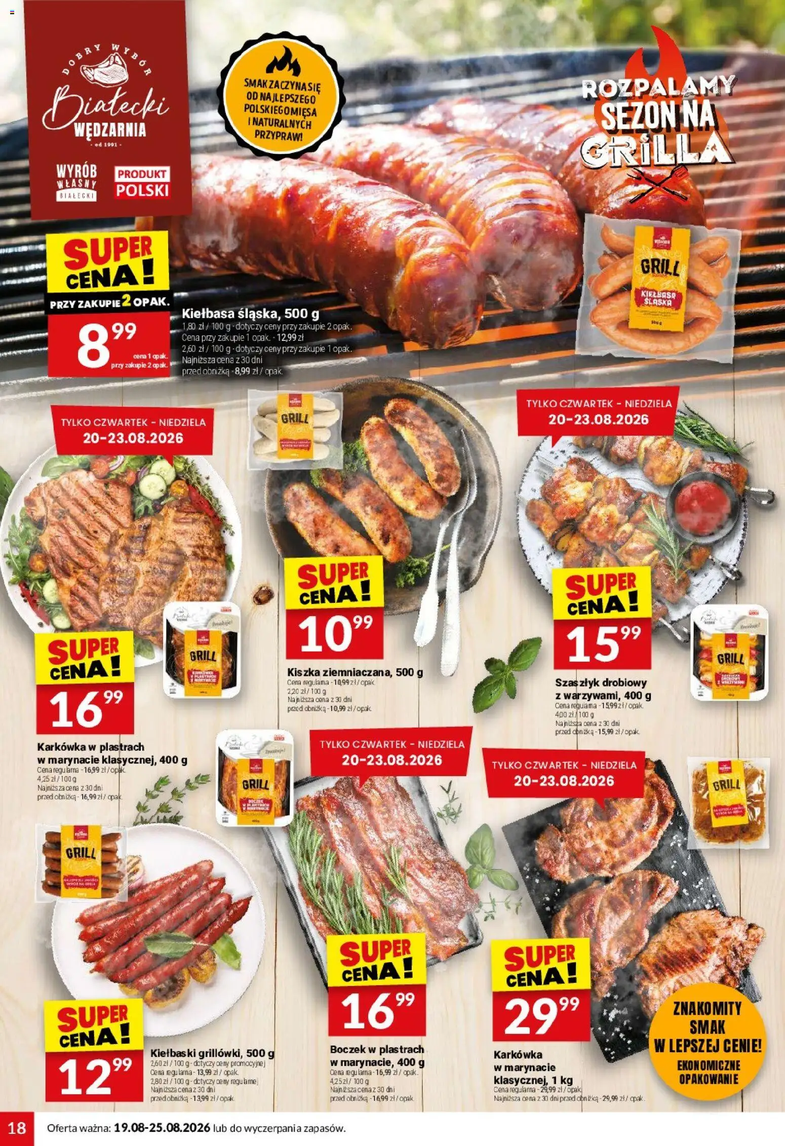 Twój Market gazetka od 19.08.2026 | Strona: 18 | Produkty: Kiełbasa, Grill, Kiełbasa śląska, Boczek