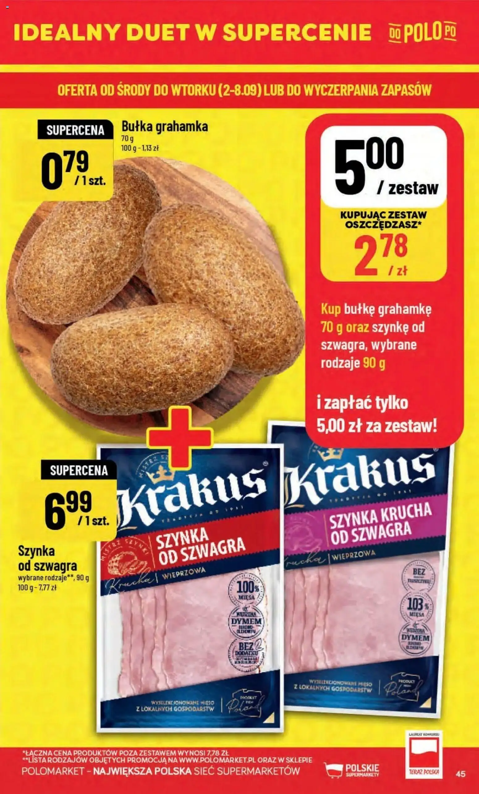 Nowa POLOmarket gazetka od jutra 02.09.2026 | Strona: 45 | Produkty: Mięso, Szynka, Bułka, Bułka grahamka