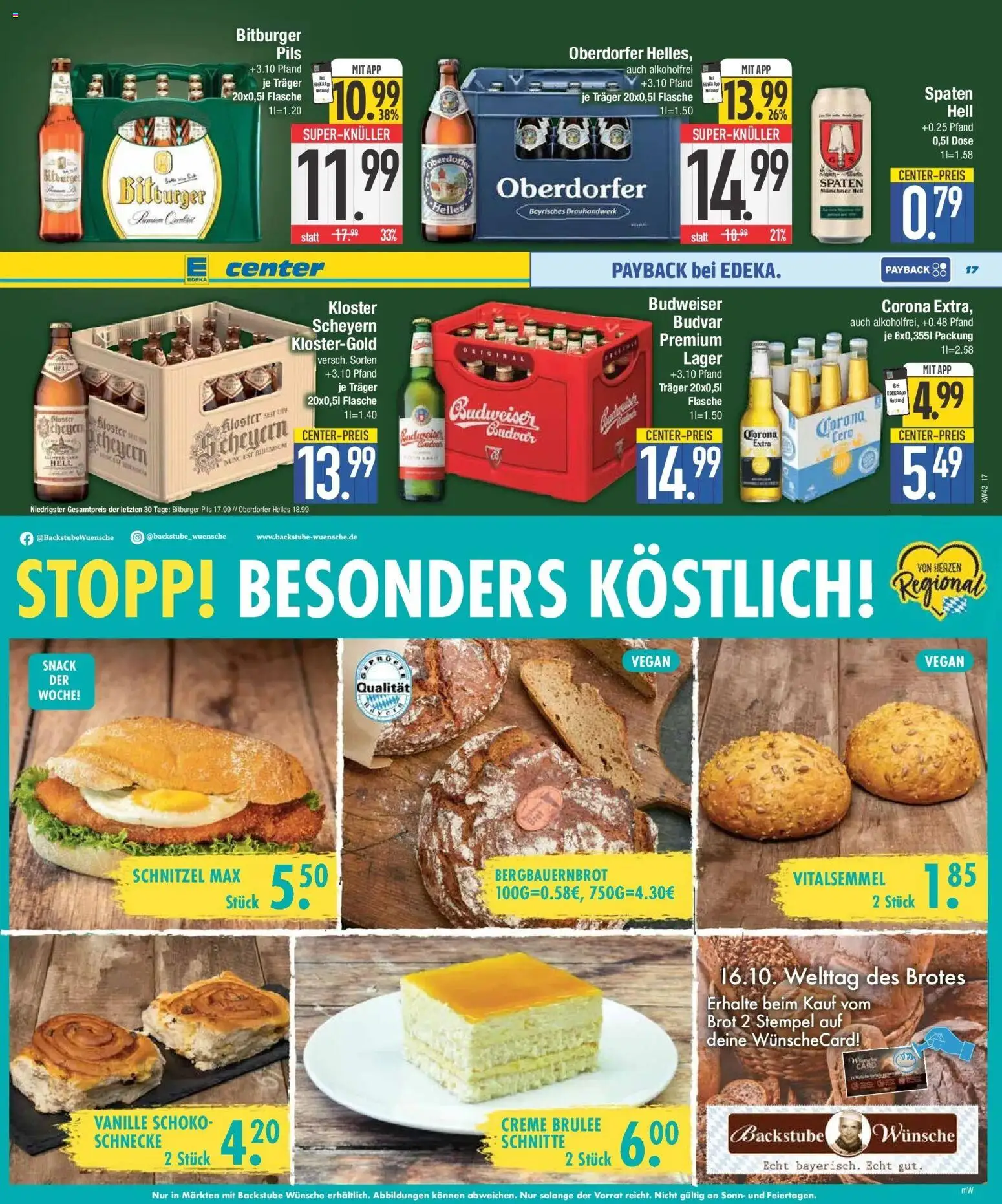 E center Prospekt München (ab 12.10.2026) zum Blättern | Seite: 17 | Produkte: Bitburger, Creme, Vanille, Brot